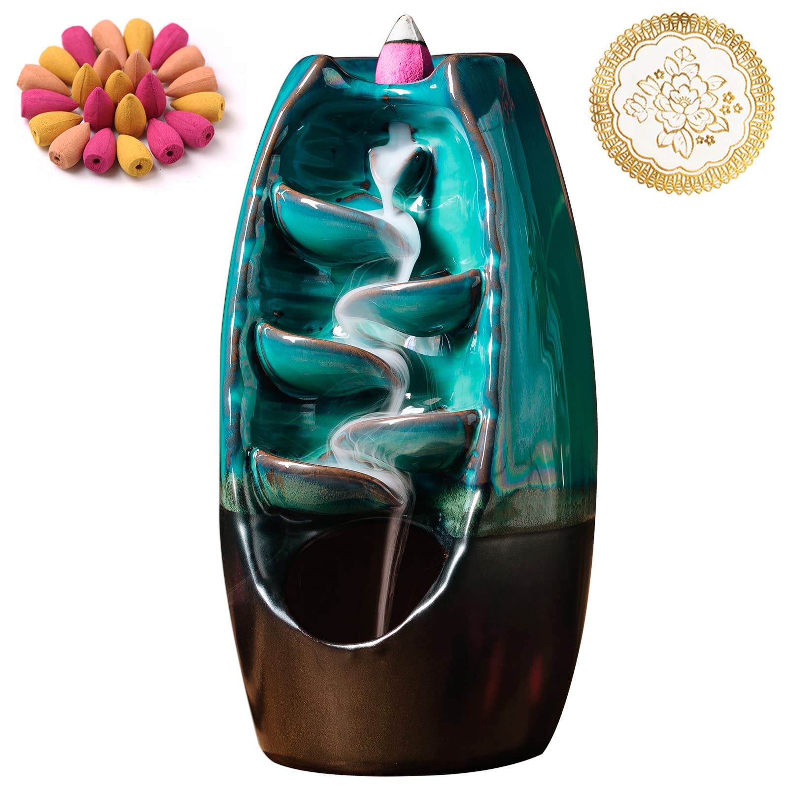 INONE Ceramic Incense Burner with 100 Upgraded Cones, Waterfall Backflow Incense Holder, Aromatherapy Ornament, Zen Decor, Home 