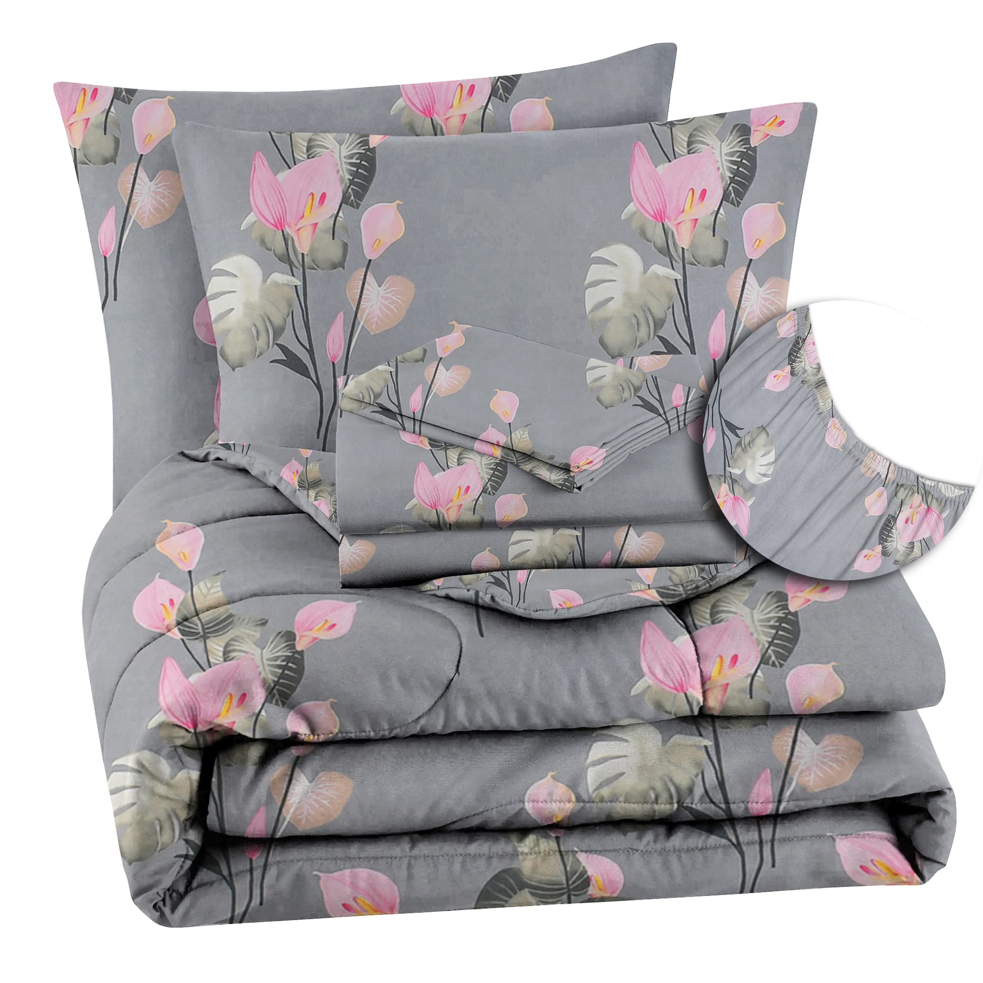 Vas Collections 350Tc Floral Cotton Feel Ac Comforter Set King Size Double Bed With 1 Fltted Bedsheet & Two King Pillow Covers, 