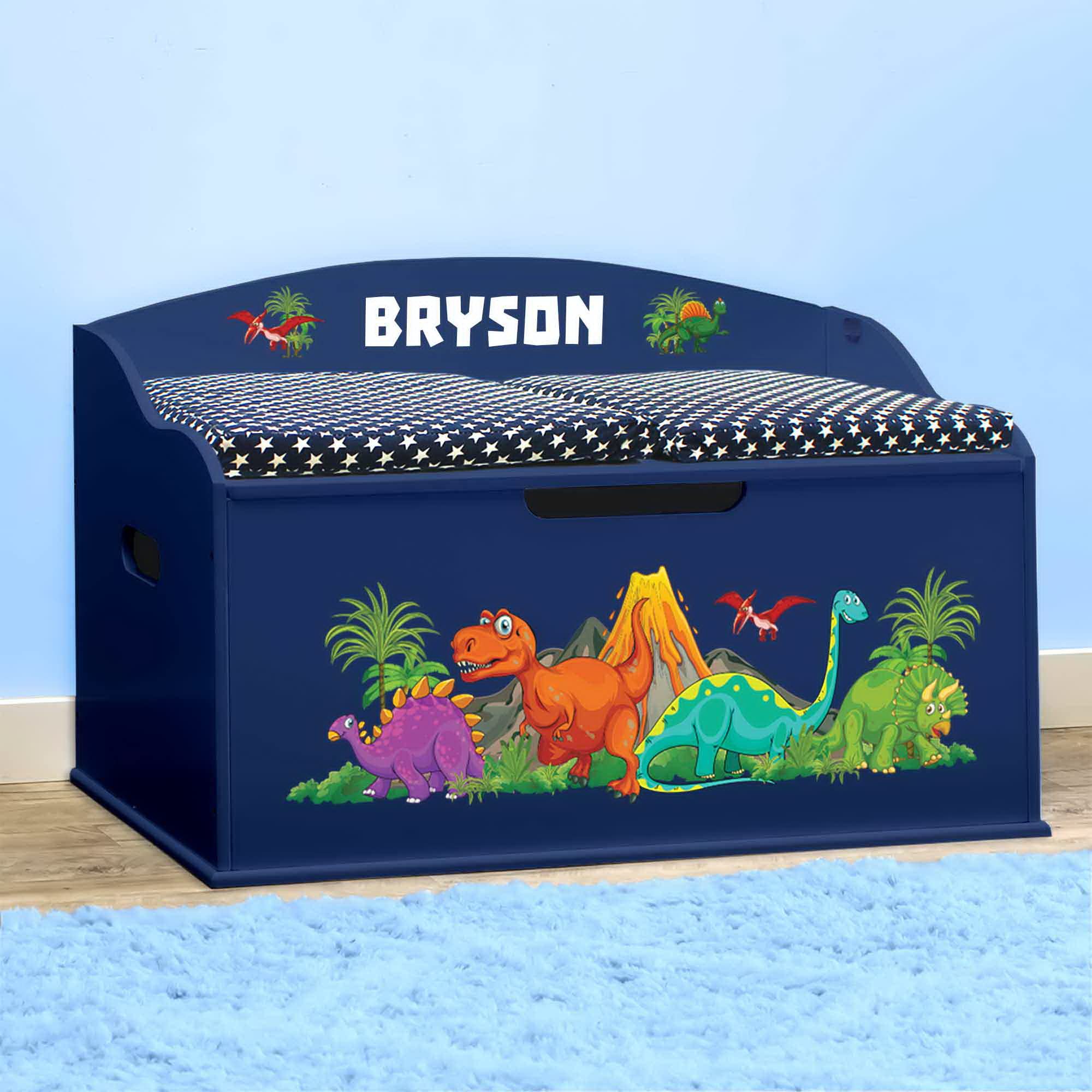 DIBSIES Personalized Creative Wonders Toy Box, Dinosaurs, 30 x 19.25 x 18 inches, Soft-Close Lid (Blue)