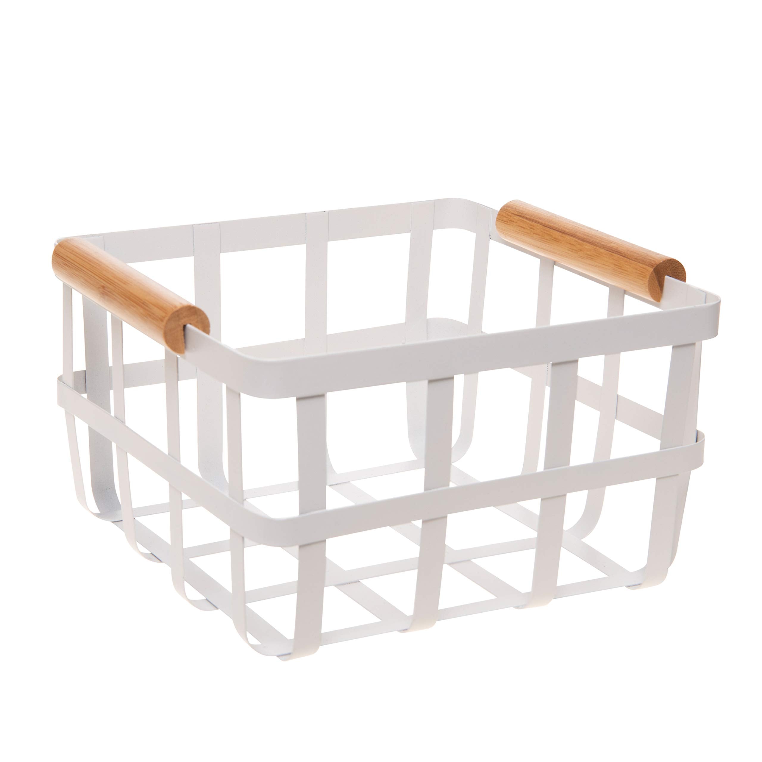 Simplify Square Metal Storage Basket with Bamboo Handles | Medium | Farmhouse Style Wire Basket | Home Organizer | Decorative | 