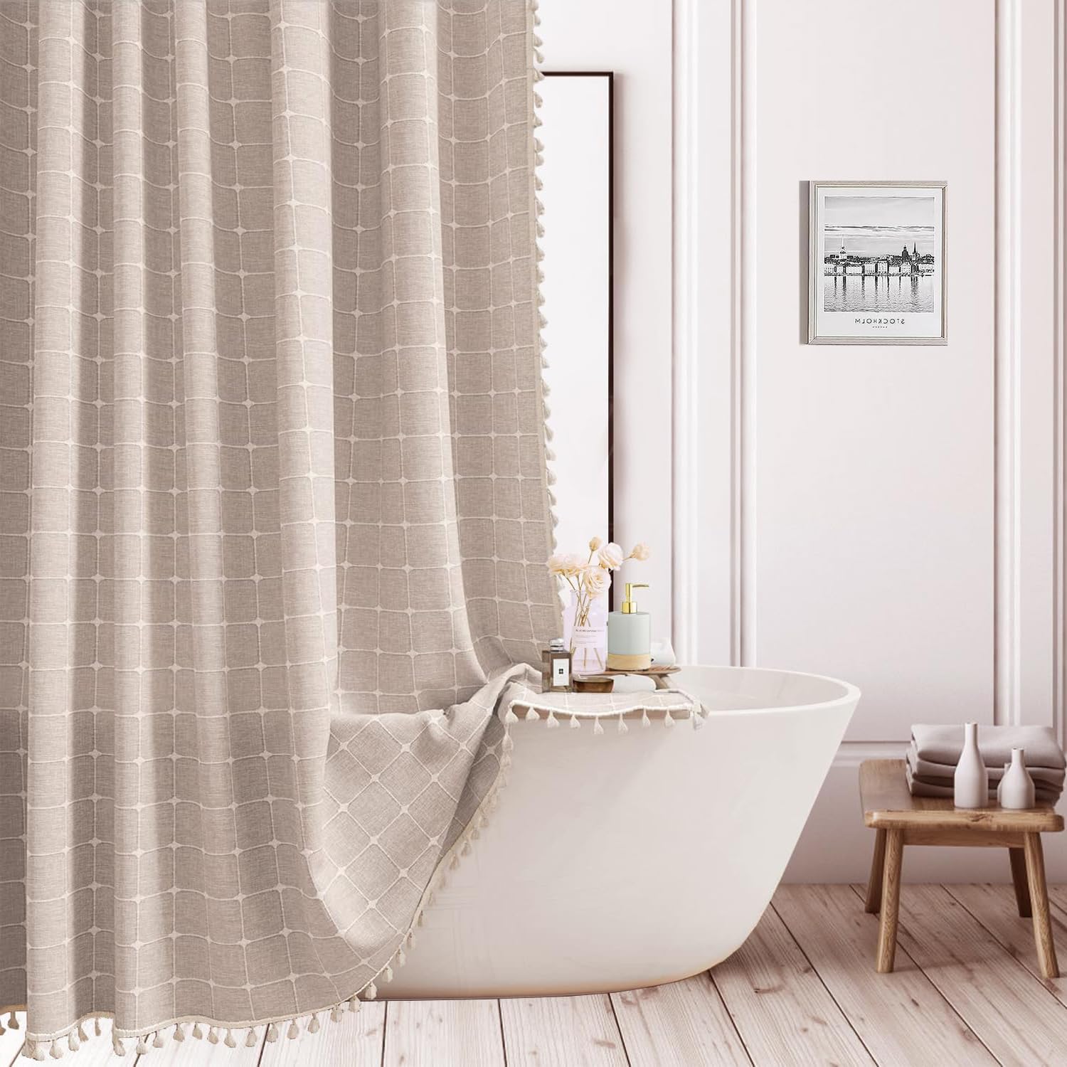 Colorigan Boho Farmhouse Shower Curtain - 72X72 Inches Linen Rustic Fabric Shower Curtain Set With Tassel, Water Repellent Cloth