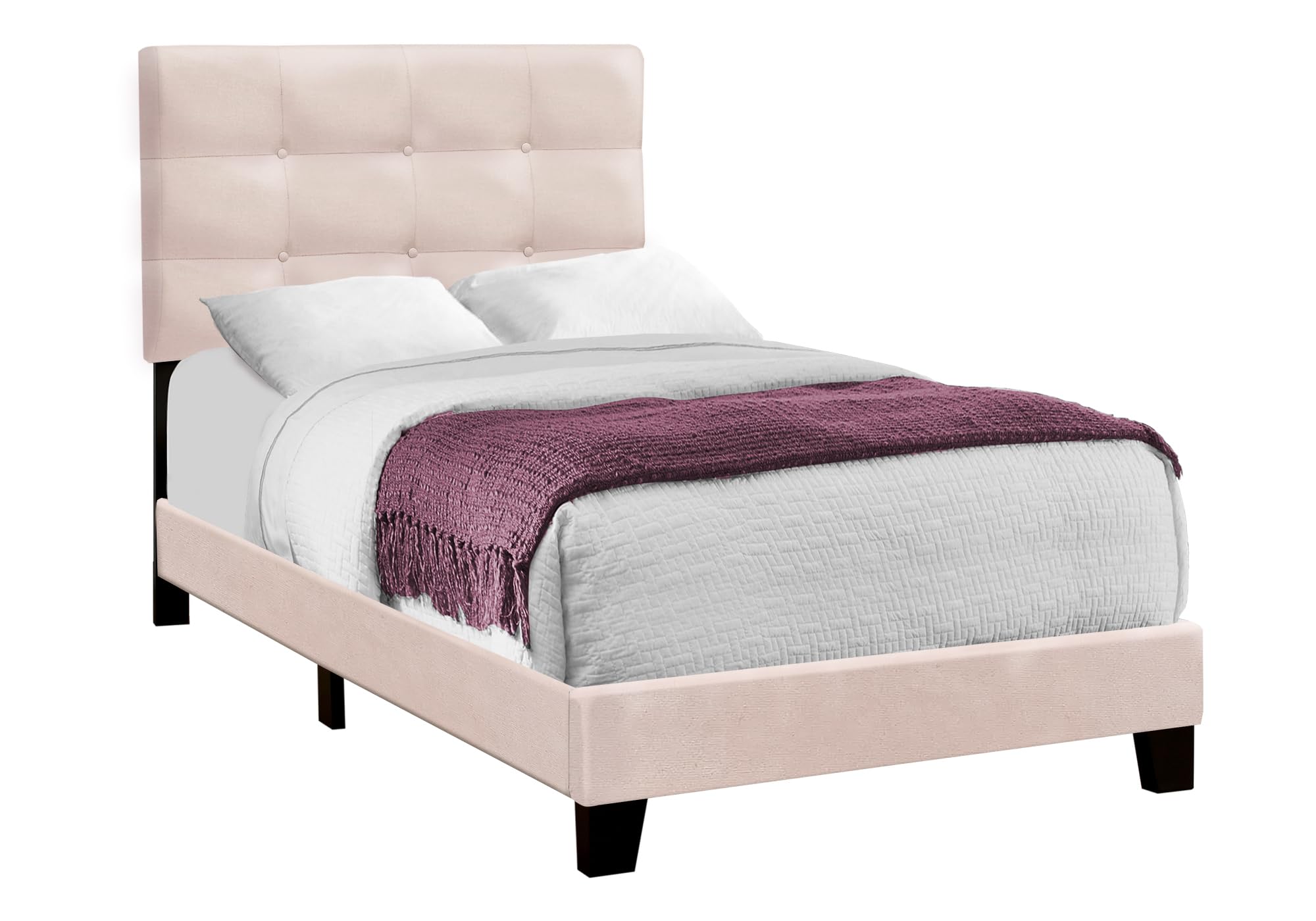 Monarch Specialties I 5916T Bed, Twin Size, Upholstered, Bedroom, Frame Only, Youth, Teen, Juvenile, Pink Velvet