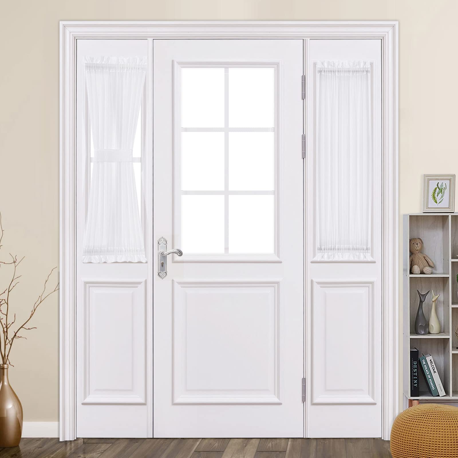 Miulee Sidelight Sheer French Door Curtains 25 X 40 Inches Light Filtering Window Treatment With Tieback - 2 Panels, White