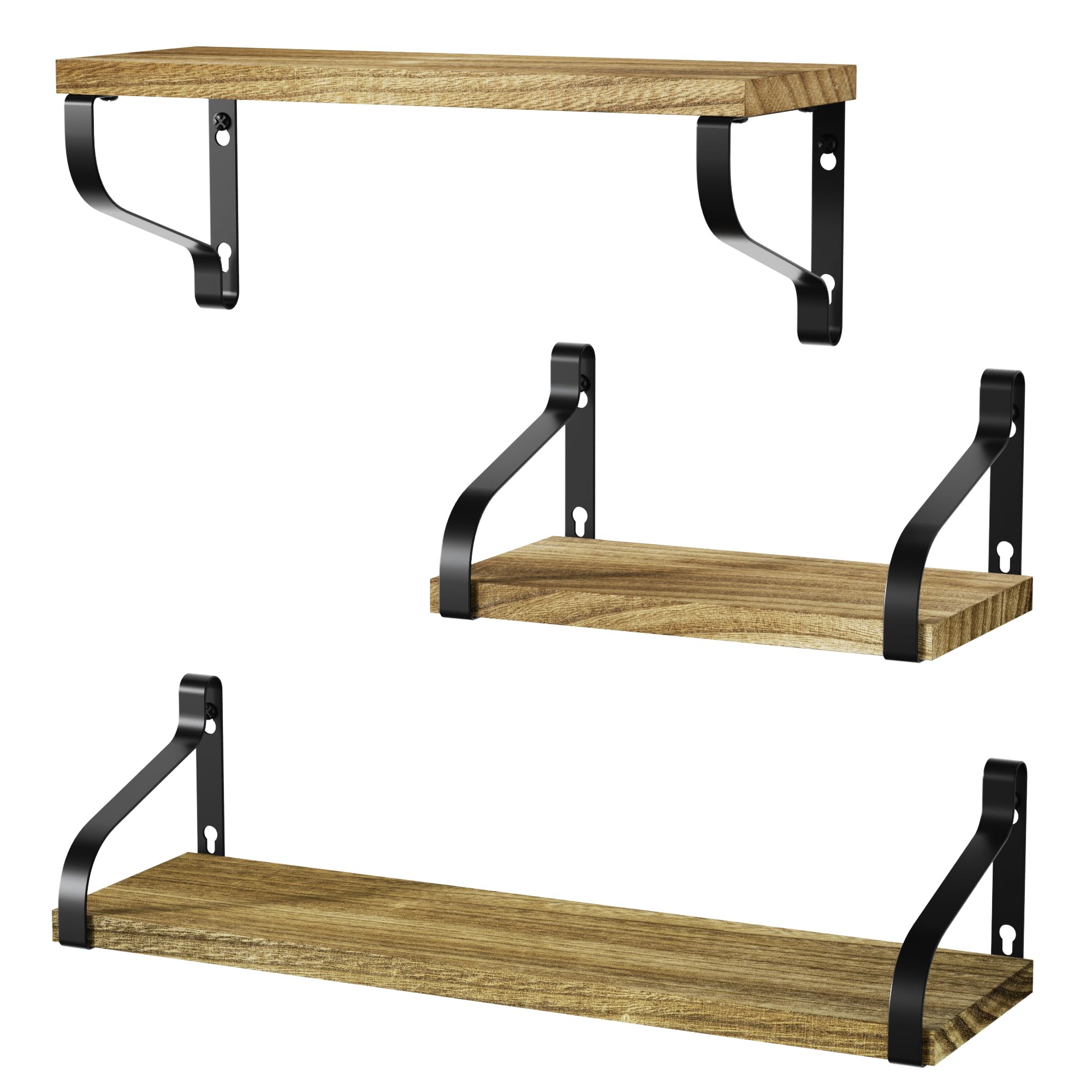 Love-KANKEI Floating Shelves Wall Mounted Set of 3, Rustic Wood Wall Storage Shelves for Bedroom, Living Room, Bathroom, Kitchen