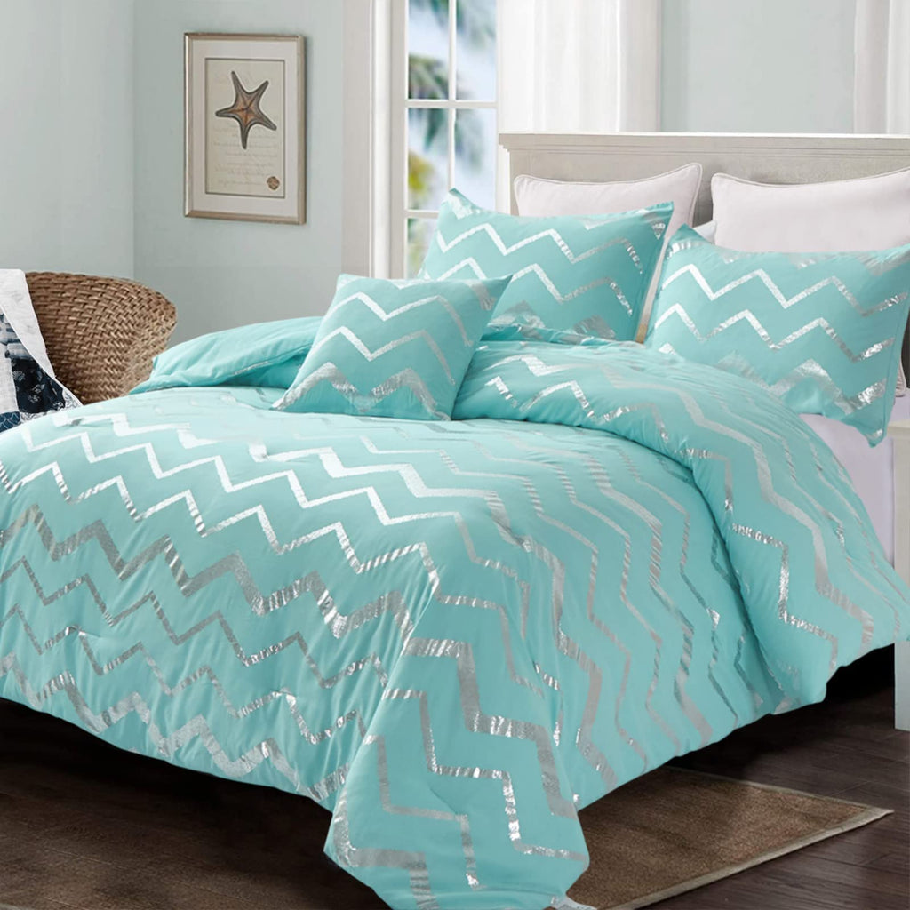 Menghomeus Aqua Comforter Set Queen Size Metallic Teal and Silver Bedding Set, 4 Piece Lightweight Microfiber Bed Set for Teen G