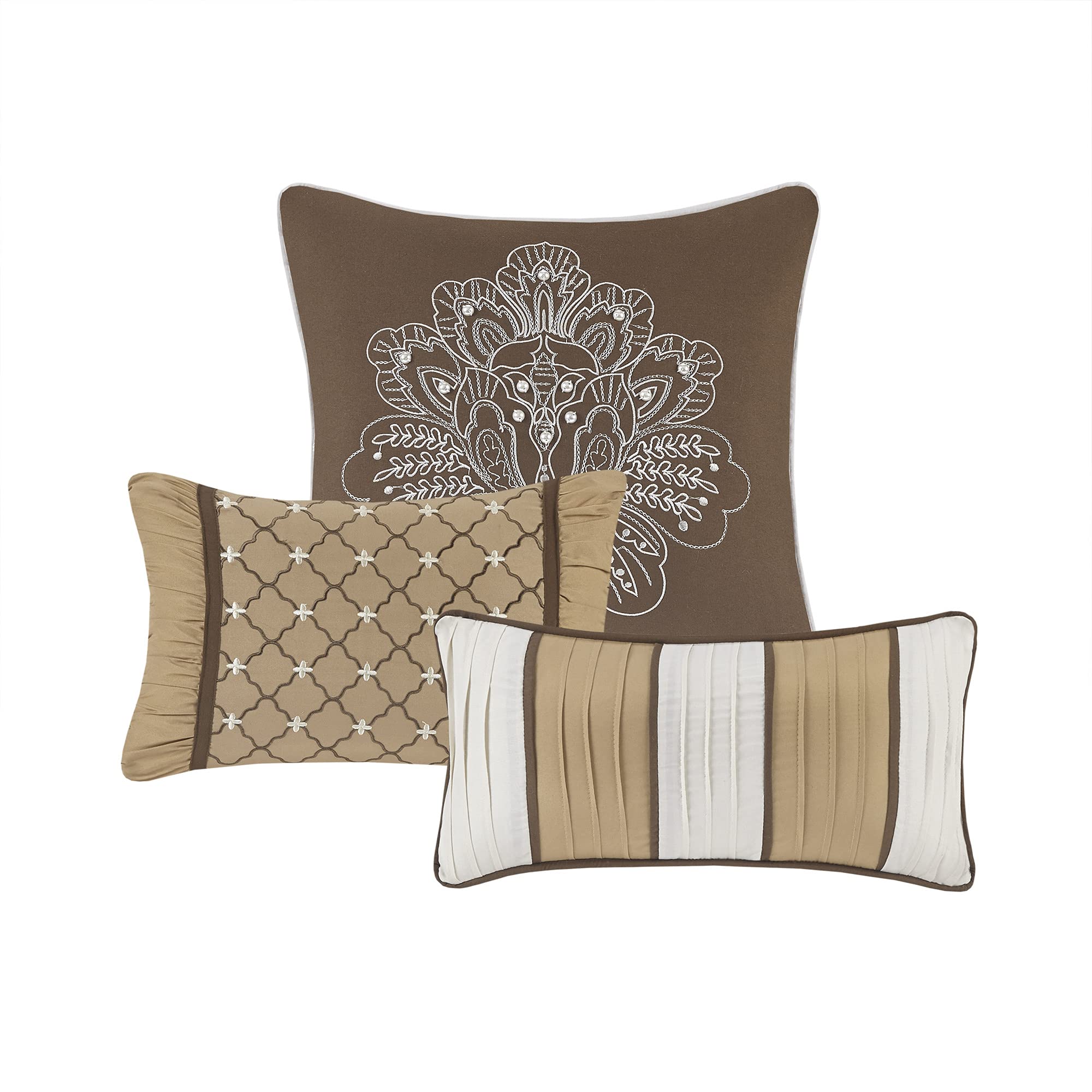 Madison Park Bellagio Cozy Comforter Set - Luxurious Jaquard Traditional Damask Design, All Season Down Alternative Bedding With Matching Shams, Decorative Pillow, King(104'X92'), Brown/Gold 7 Piece