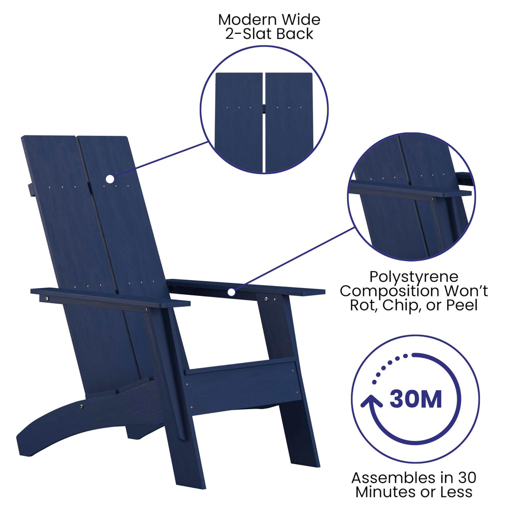 Flash Furniture Sawyer Modern Commercial 2-Slat Back Adirondack Chair - Navy Blue Commercial All-Weather Poly Resin Lounge Chair