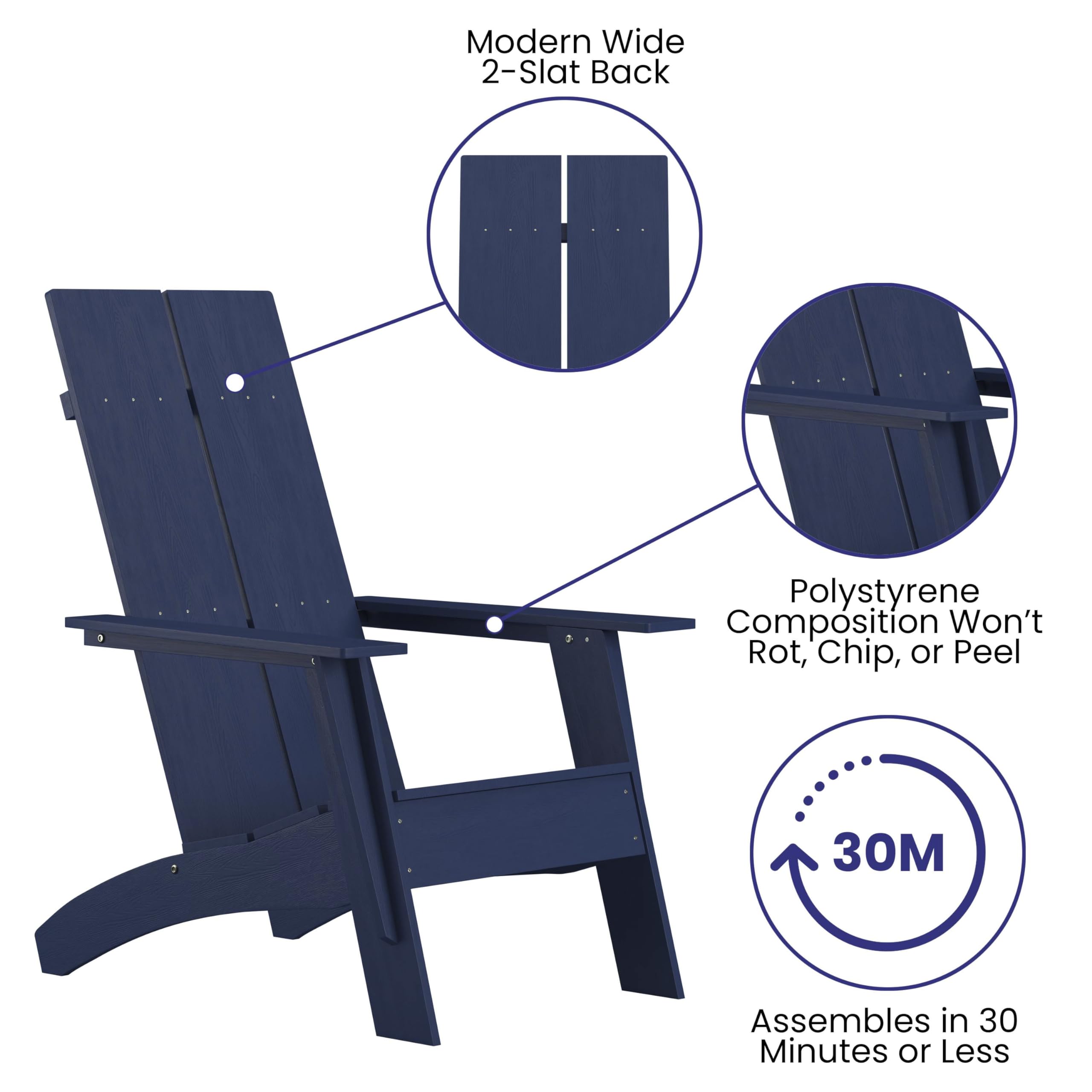 Flash Furniture Sawyer Modern Commercial 2-Slat Back Adirondack Chair - Navy Blue Commercial All-Weather Poly Resin Lounge Chair