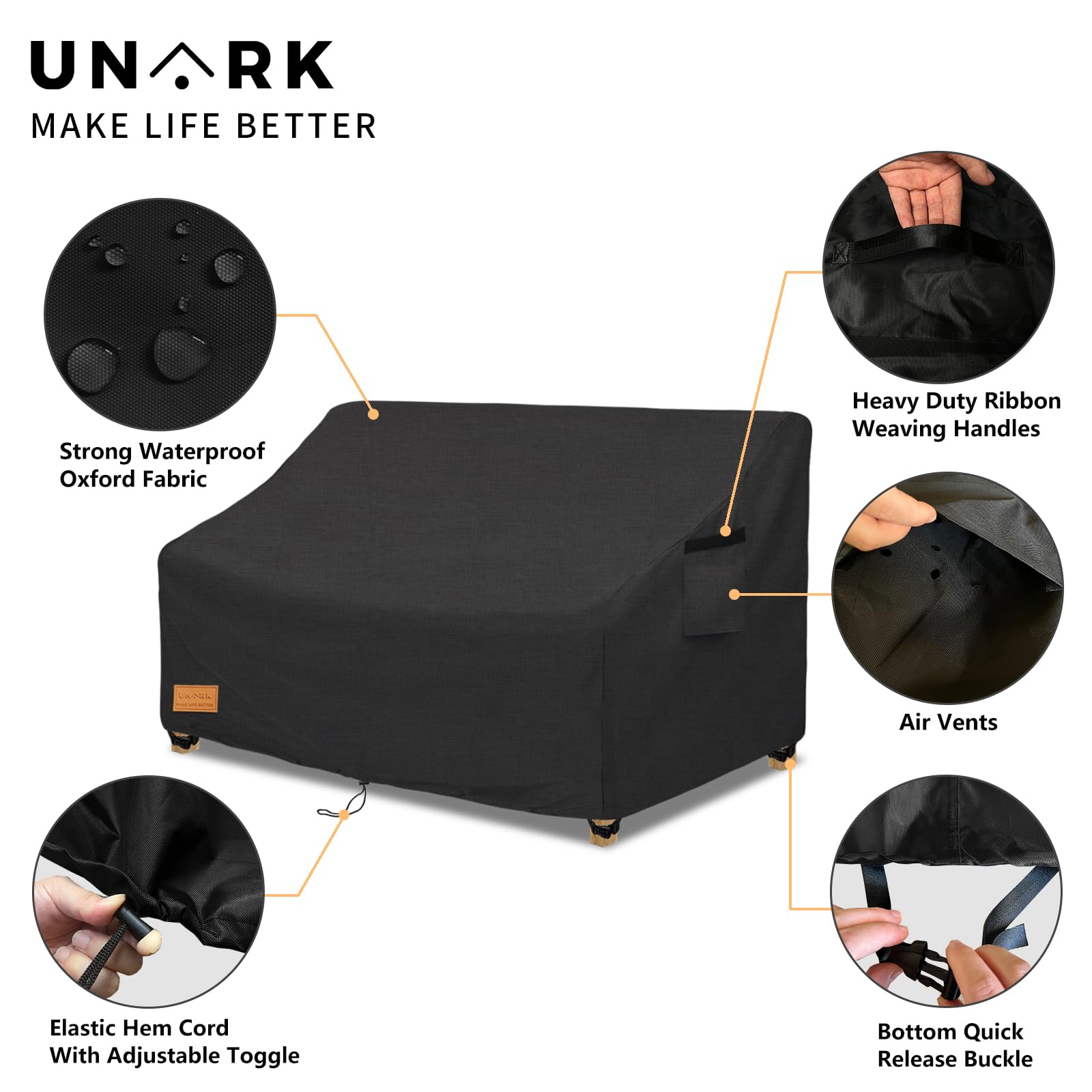 Unark Outdoor 3-Seater Sofa Cover,Waterproof Heavy Duty Patio Furniture Covers,76W X 33D X 32H Inches Outdoor Couch Cover,Patio Sofa Covers For Outdoor Furniture Waterproof,Black
