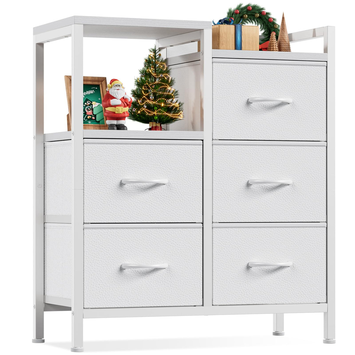 Furnulem 5 Drawer White Dressers For Bedroom 2 Tier Shelf Storage Small Fabric Dresser For Closet Sturdy Metal Frame Modern Style Storage Cabinets Organization Units For Hallway Rooms