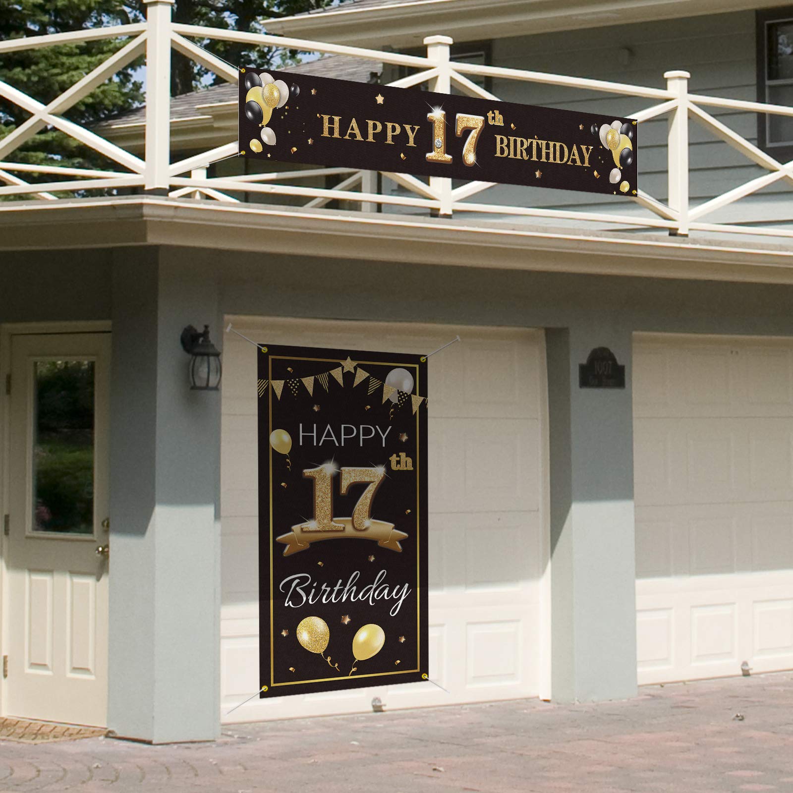 Pakboom Happy 17Th Birthday Door Cover Porch Banner Sign Set - 17 Years Old Birthday Decorations Party Supplies For Boys - Black