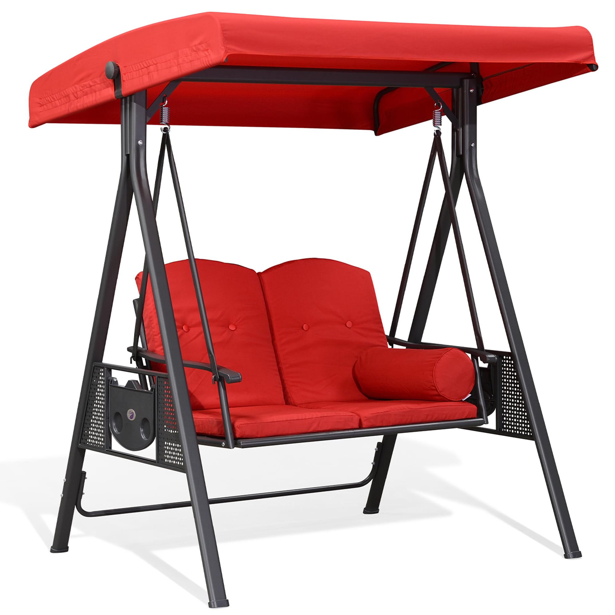 Purple Leaf Outdoor Patio Porch Swing With Stand, 2-Seat Swing Chair With Adjustable Tilt Canopy All-Weather Steel Frame For Backyard Front Porch Lawn, Cushions And Pillow Included, Terra