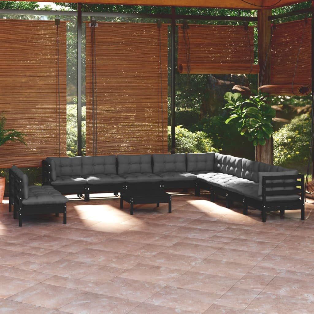 vidaXL Solid Pinewood Patio Lounge Set 12 Piece with Cushions Garden Outdoor Lawn Yard Terrace Balcony Wooden Seat Seating Furniture Black