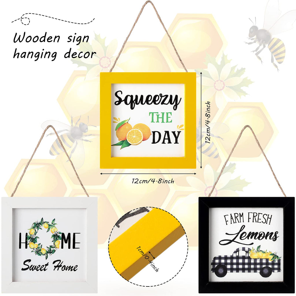3 Pieces Lemon Framed Wood Sign Lemon Tiered Tray Signs Mini Wooden Sunflower Signs Wood Lemon Shelf Sitter Signs Bee Themed Hom