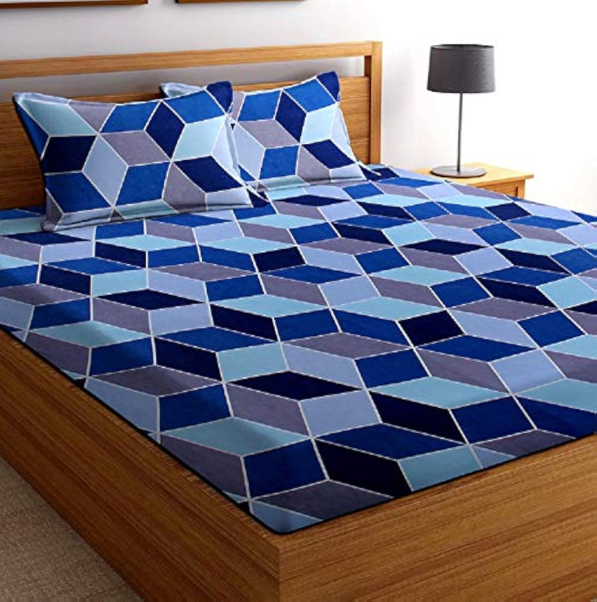 BSB HOME 100% Cotton Geometric Print Mix N Match Double Bed Sheet with 2 Pillow Covers for Queen Bed, Olive Blue and Grey