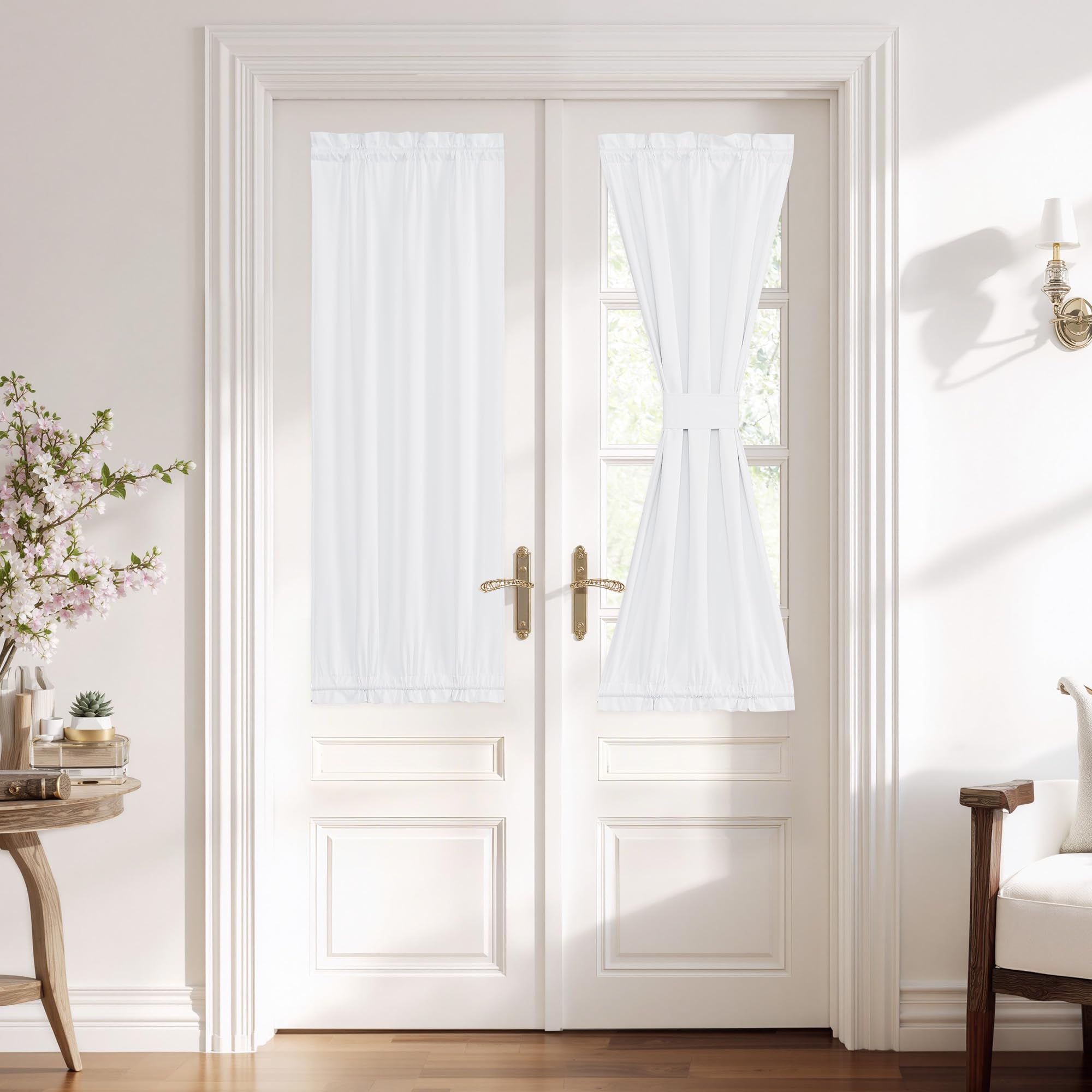 NICETOWN 100% Blackout Curtains for French Front Door, White Thermal Insulated Privacy Door Curtains and Drapes Blinds for Sight