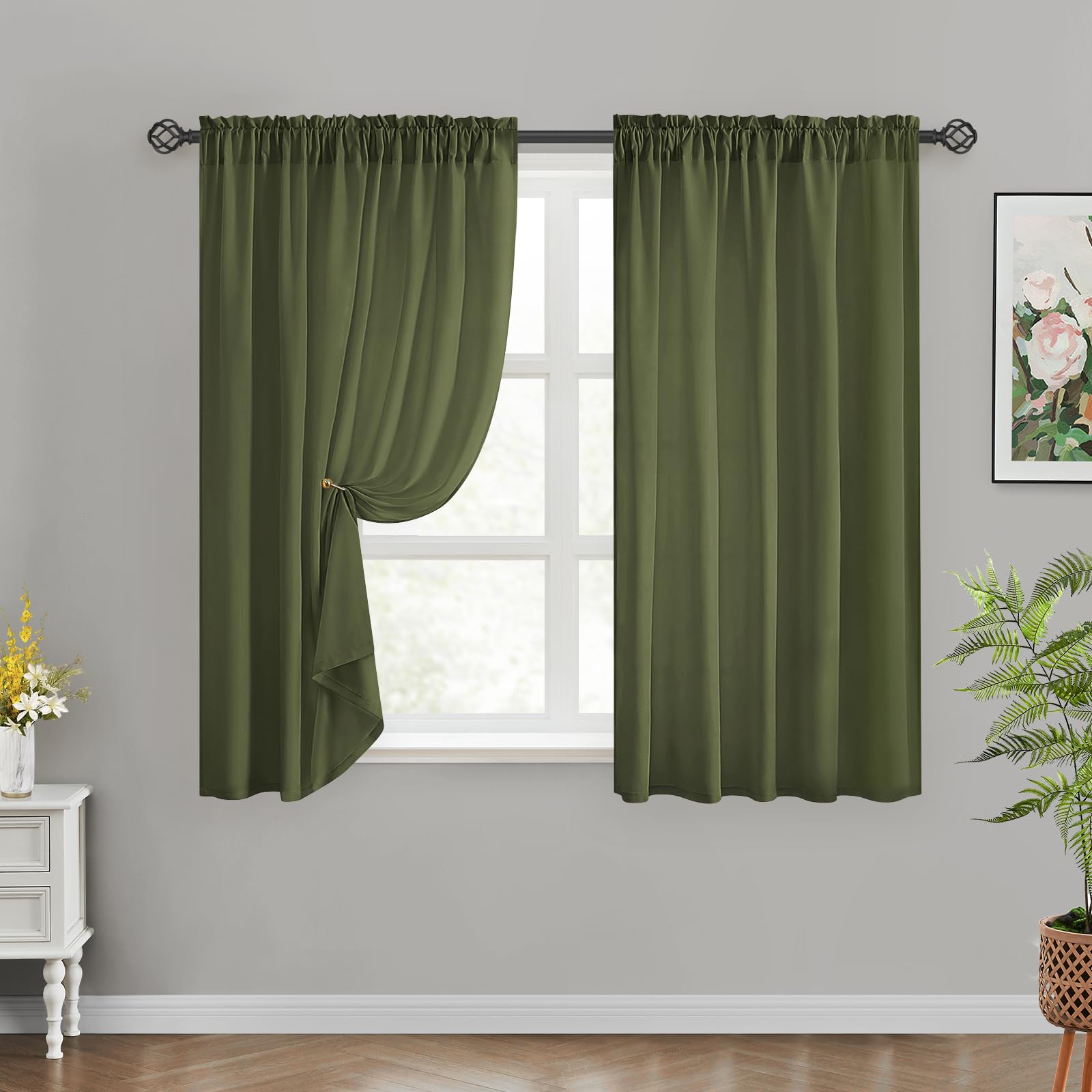 HOMEIDEAS Non-See-Through Olive Green Privacy Sheer Curtains, 52 X 45 Inches Long 2 Panels Sheer Curtains Light Filtering Window