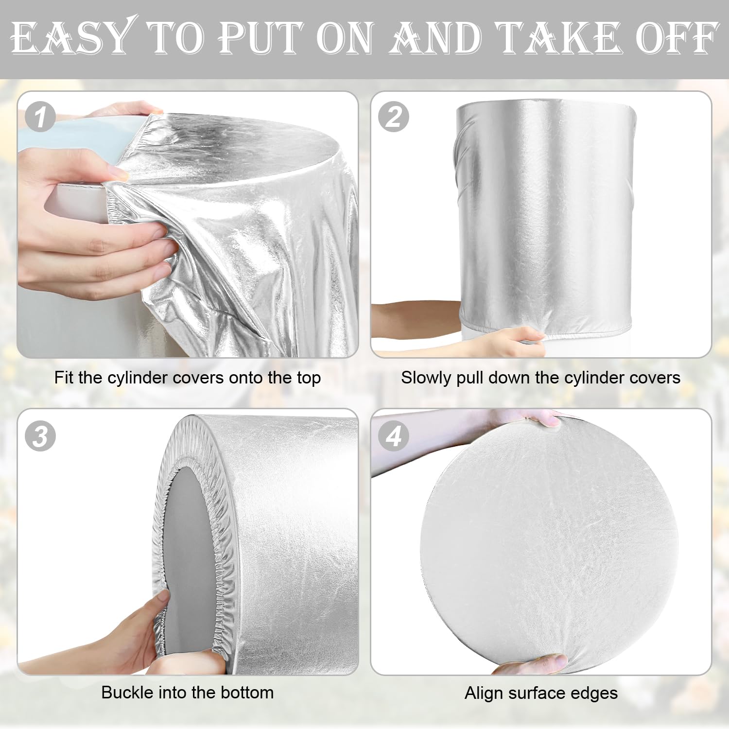Saitimade Set Of 3 - Silver Cylinder Pedestal Stand Covers, Flexible Cylinder Stand Covers For Party, Wedding Or Birthday Event