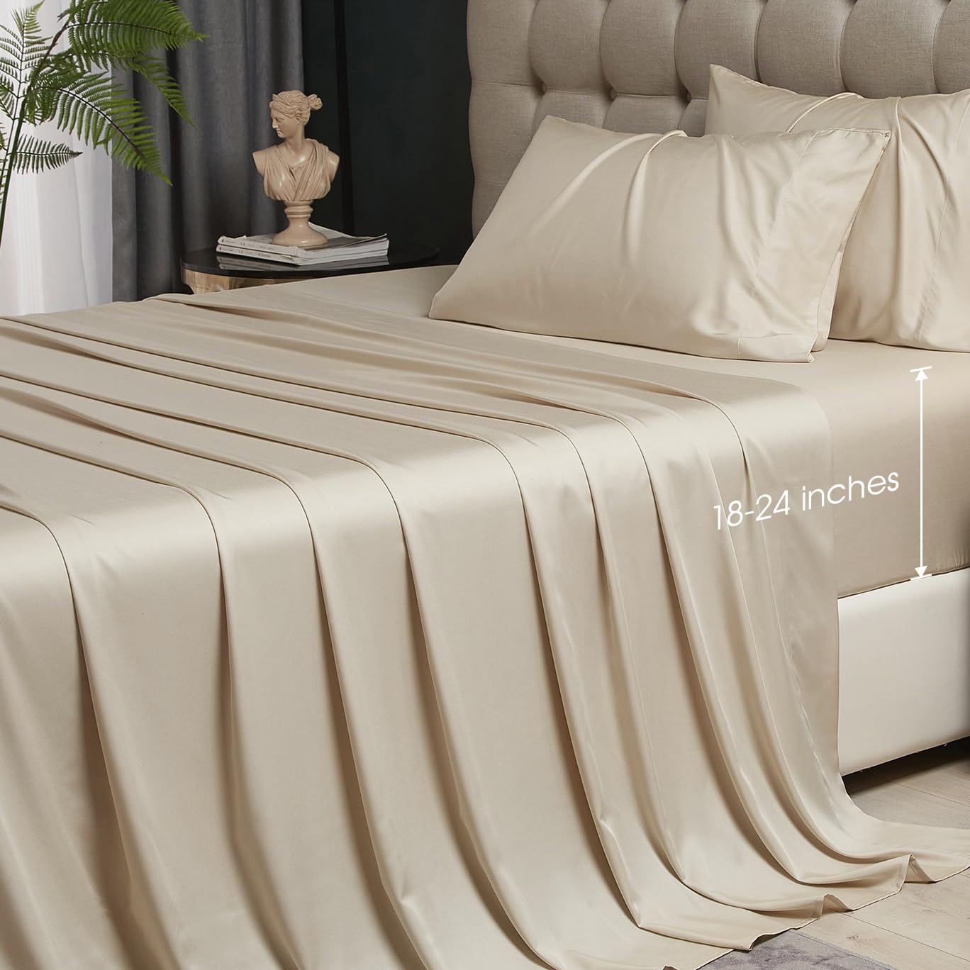 Hyprest King Size Sheet Set - Rayon Derived From Bamboo, Extra Deep Pocket Sheets Fits 18'-24' Thick Mattress, Beige Sheets Lu