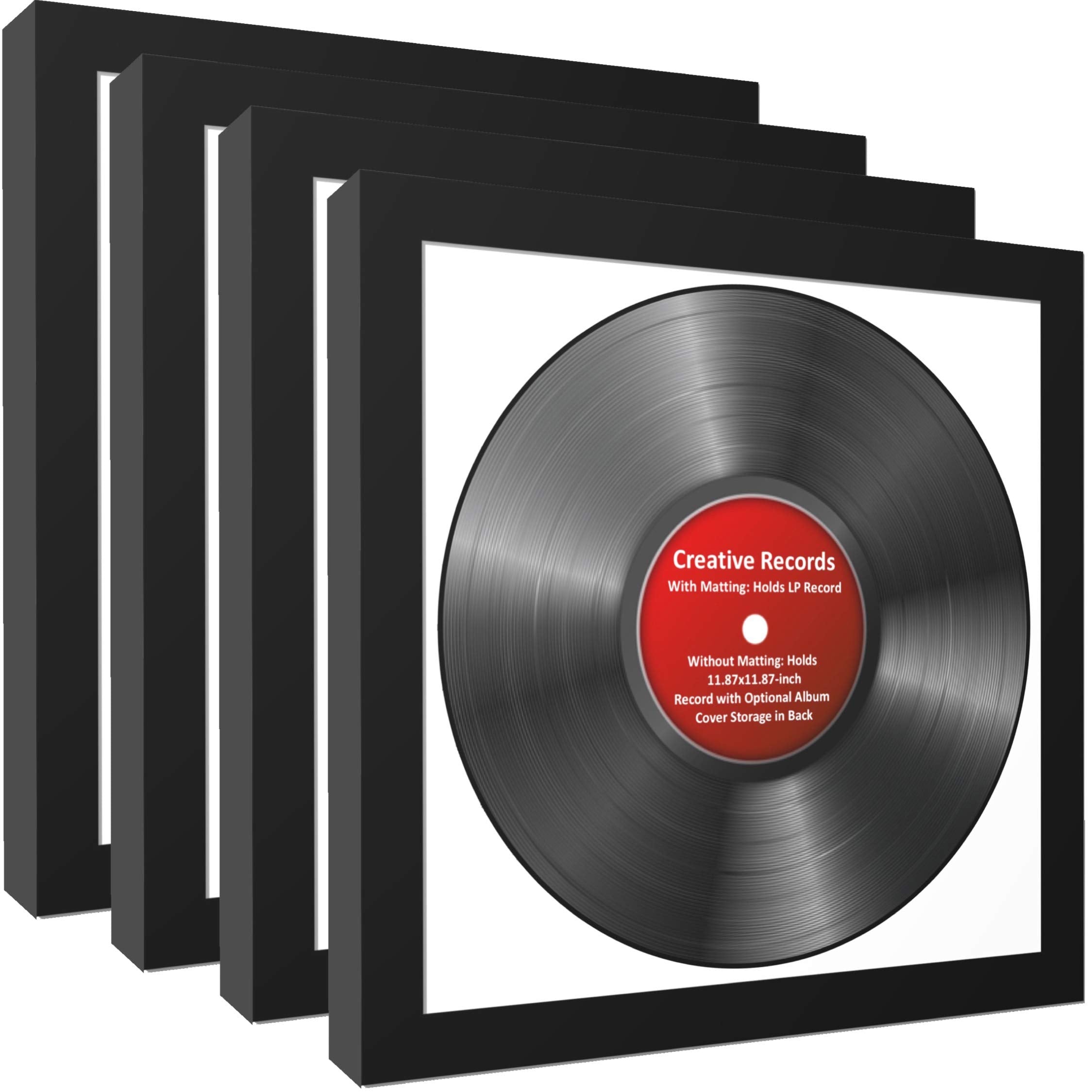 CreativePF [4pk-lp12.5x12.5bk-w] LP Vinyl Record Album Frame Display with White Mat, LP Record Insert, Glass and Wall Hanger (4-