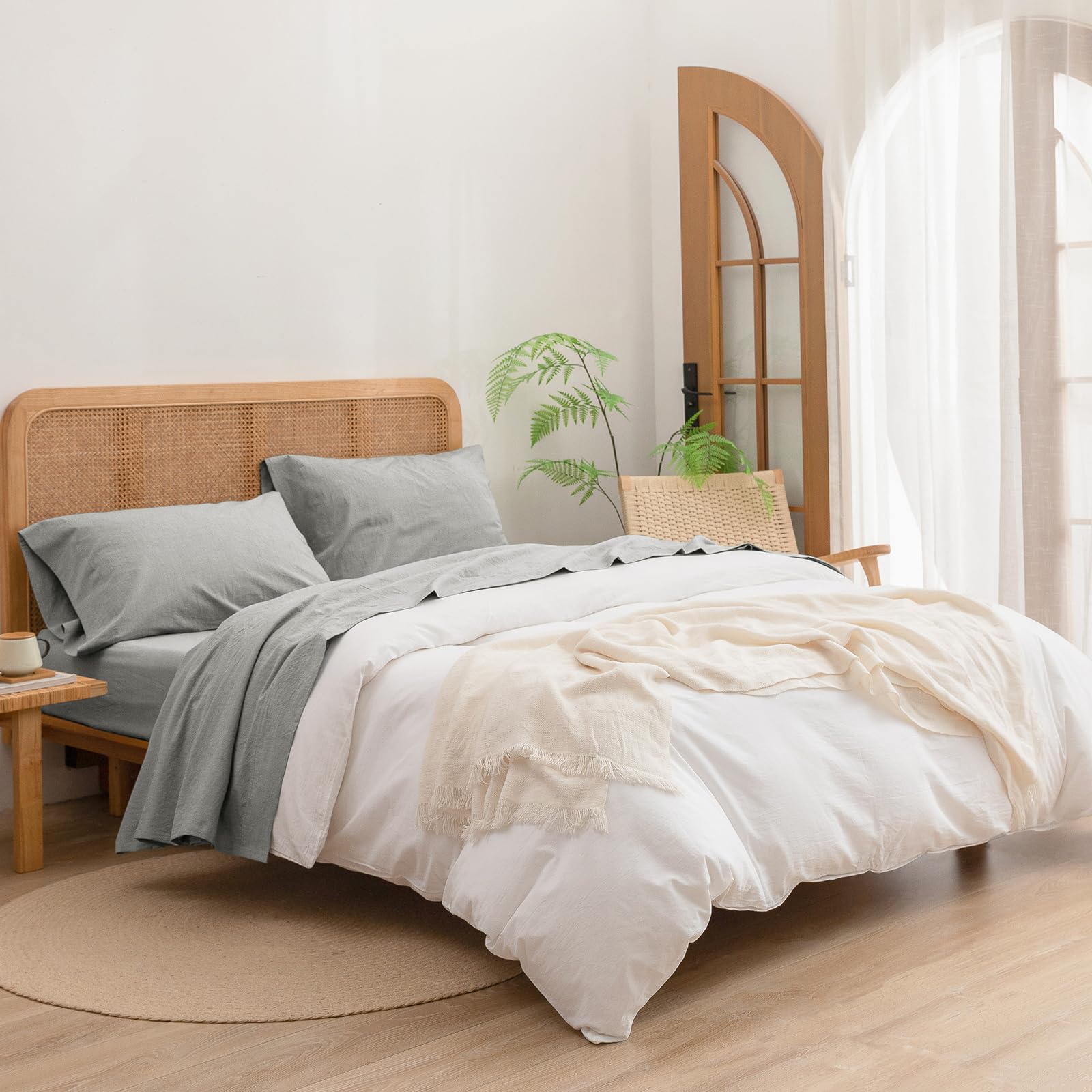 Bestouch Sheet Set 100% Washed Cotton Linen Feel Super Soft Comfortable Chic Lightweight 4 Pcs Home Bedding Set Solid Light Grey