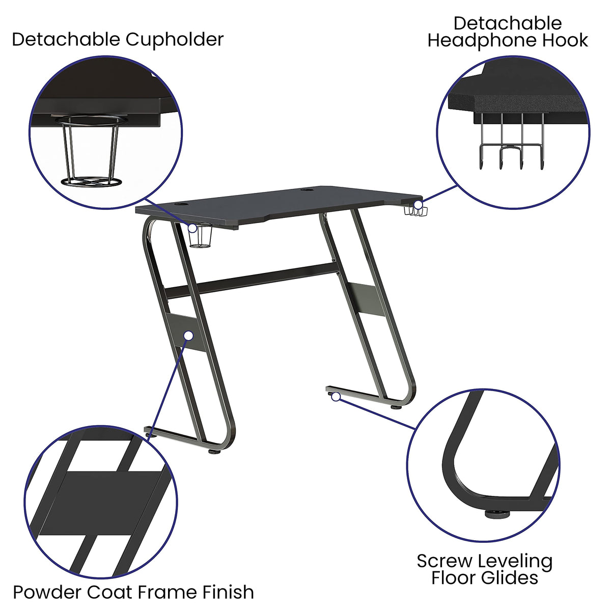 Flash Furniture Fisher Gaming Desk - Black Ergonomic Computer Desk - 51.5" Gamers Table with Cup Holder and Headphone Hook