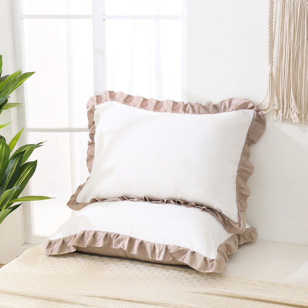 Merryword Taupe Pillow Shams White And Taupe Reversible Standard Pillowcases Cute Pillow Cover Set Of 2 Soft Shabby Chic Ruffled