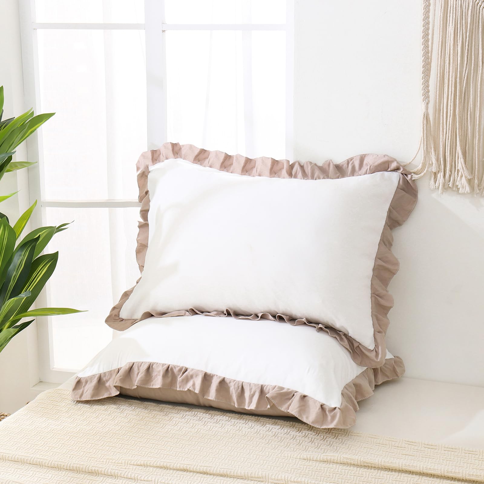 Merryword Taupe Pillow Shams White And Taupe Reversible Standard Pillowcases Cute Pillow Cover Set Of 2 Soft Shabby Chic Ruffled