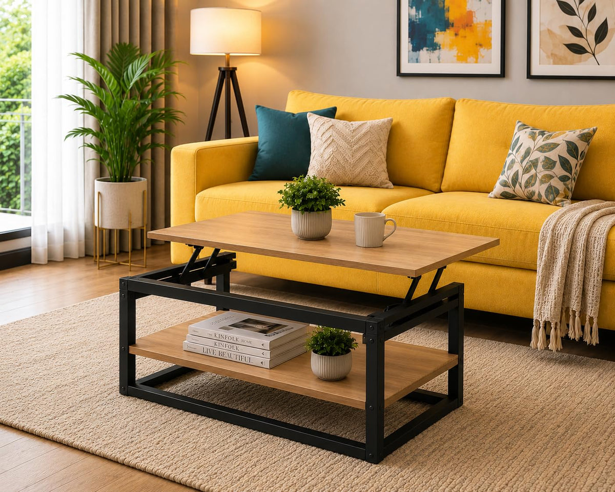 Innofur Wooden Lift Top Coffee Table With Storage Shelf | Adjustable Liftup Center Table For Living Room | Multipurpose Table F