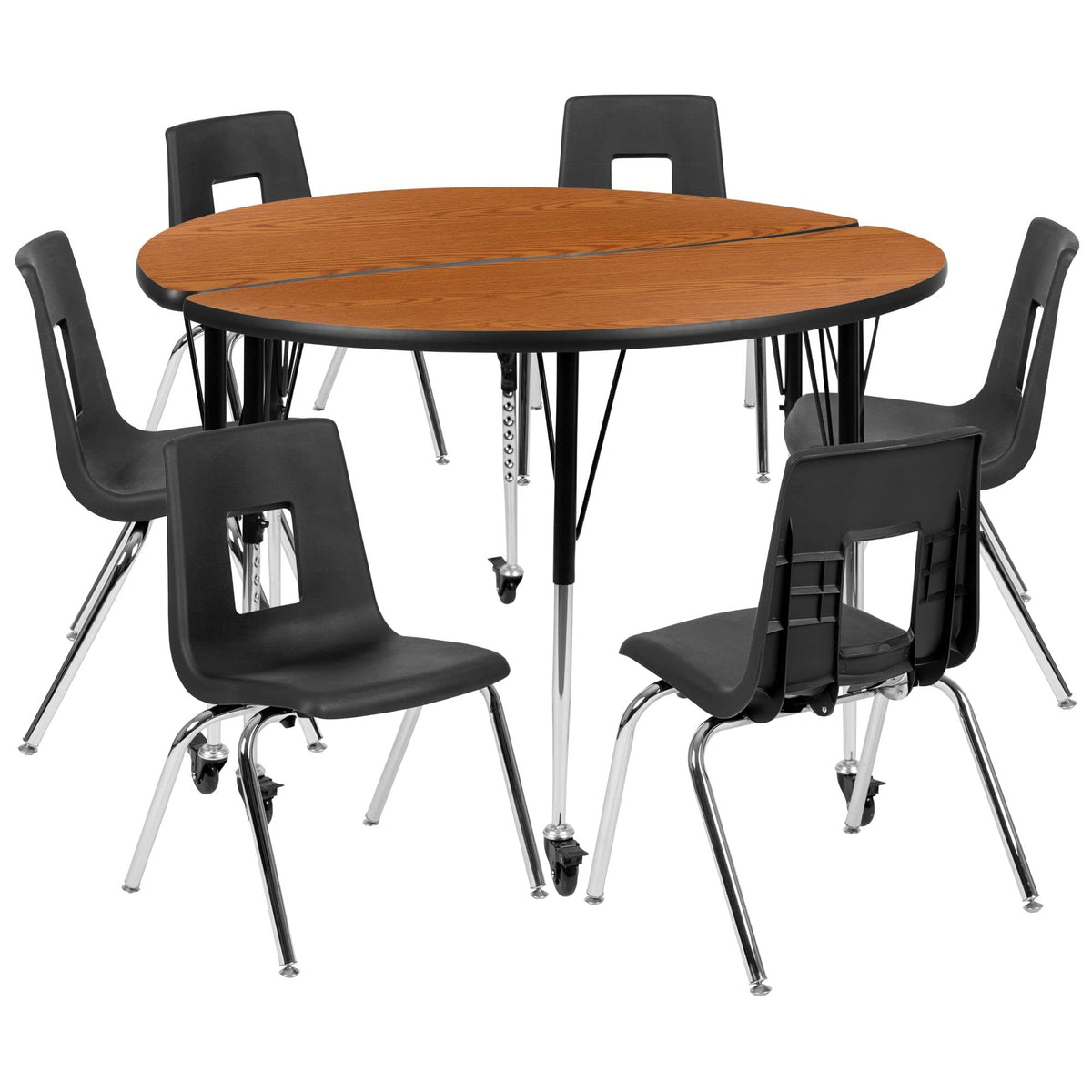 Flash Furniture Emmy Mobile 47.5" Circle Wave Flexible Laminate Activity Table Set with 18" Student Stack Chairs, Oak/Black