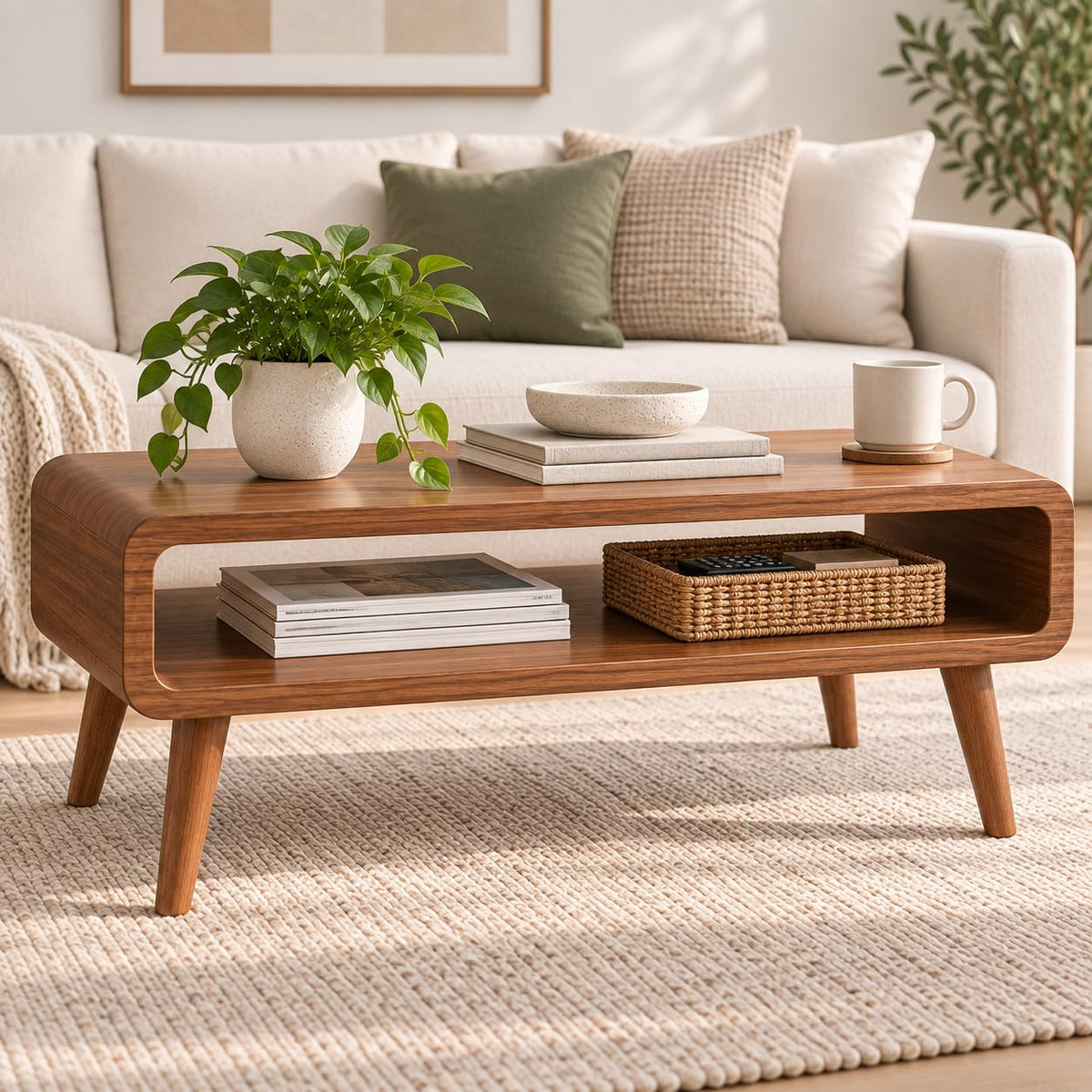 Woodcraze 100 Cm Rounded Edge Solid Wood Coffee Table For Living Room, Dining Room, Bedroom, Kitchen, Office Home Decor, Natural
