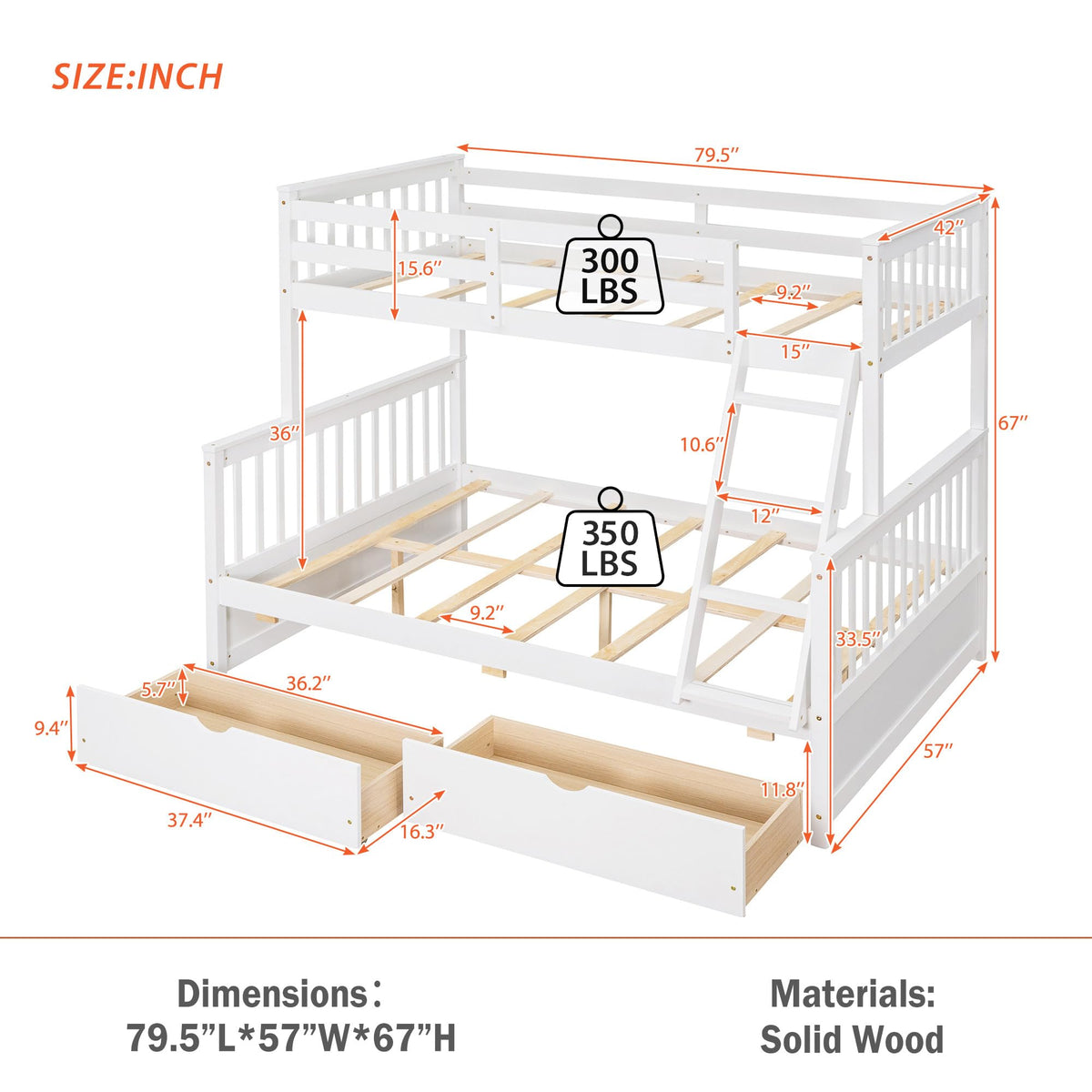 Merax Wood Bunk Bed With Drawers,Convertible Wood Bunk Bed With Ladders And Two Storage Drawers,Solid Wood Detachable Bunk Bed Frame With Ladders,Twin Over Full Size,White