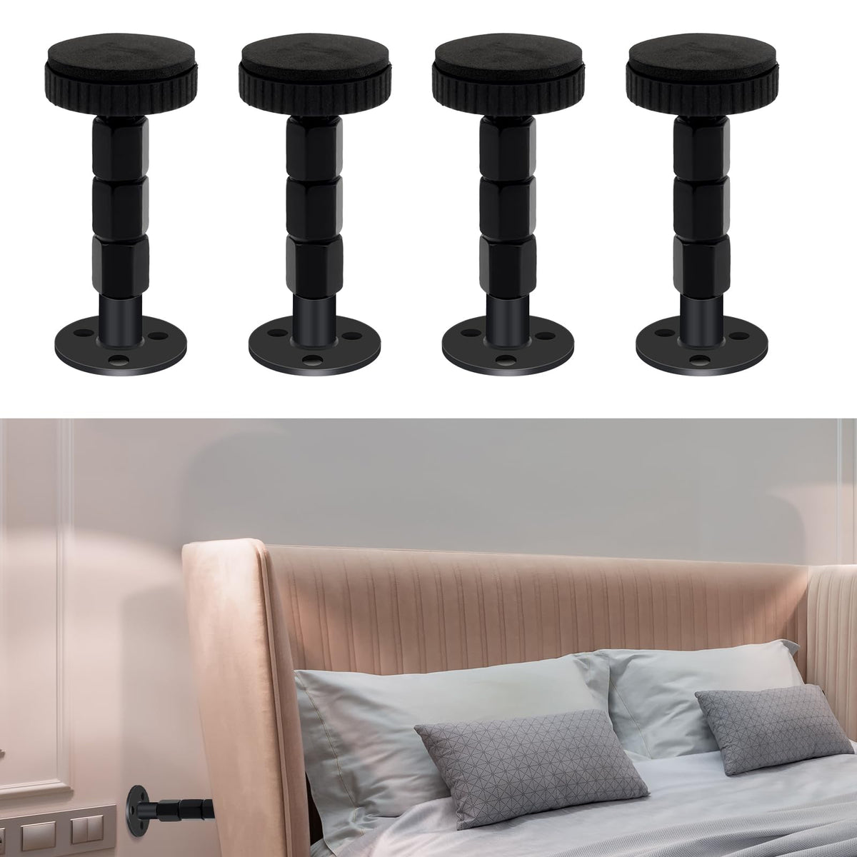 IPEROT Headboard Stoppers for Wall, 4 Pack Bed Stoppers,1.18in-3.35in Adjustable Bed Frame Anti-Shake Tool, Function as Bumpers 