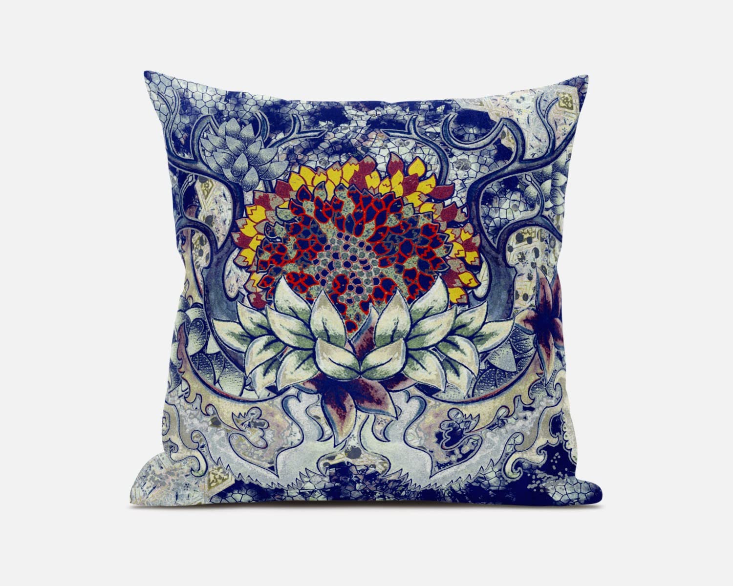 HomeRoots Blue Gray Yellow Red 20â€ Blue Gray Flower Bloom Suede Throw Pillow