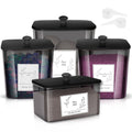 Zingbee 4 Pack Laundry Detergent Containers & Dryer Sheet Holder with Black Lids, Scoops & Labels - Plastic Laundry Organizer an