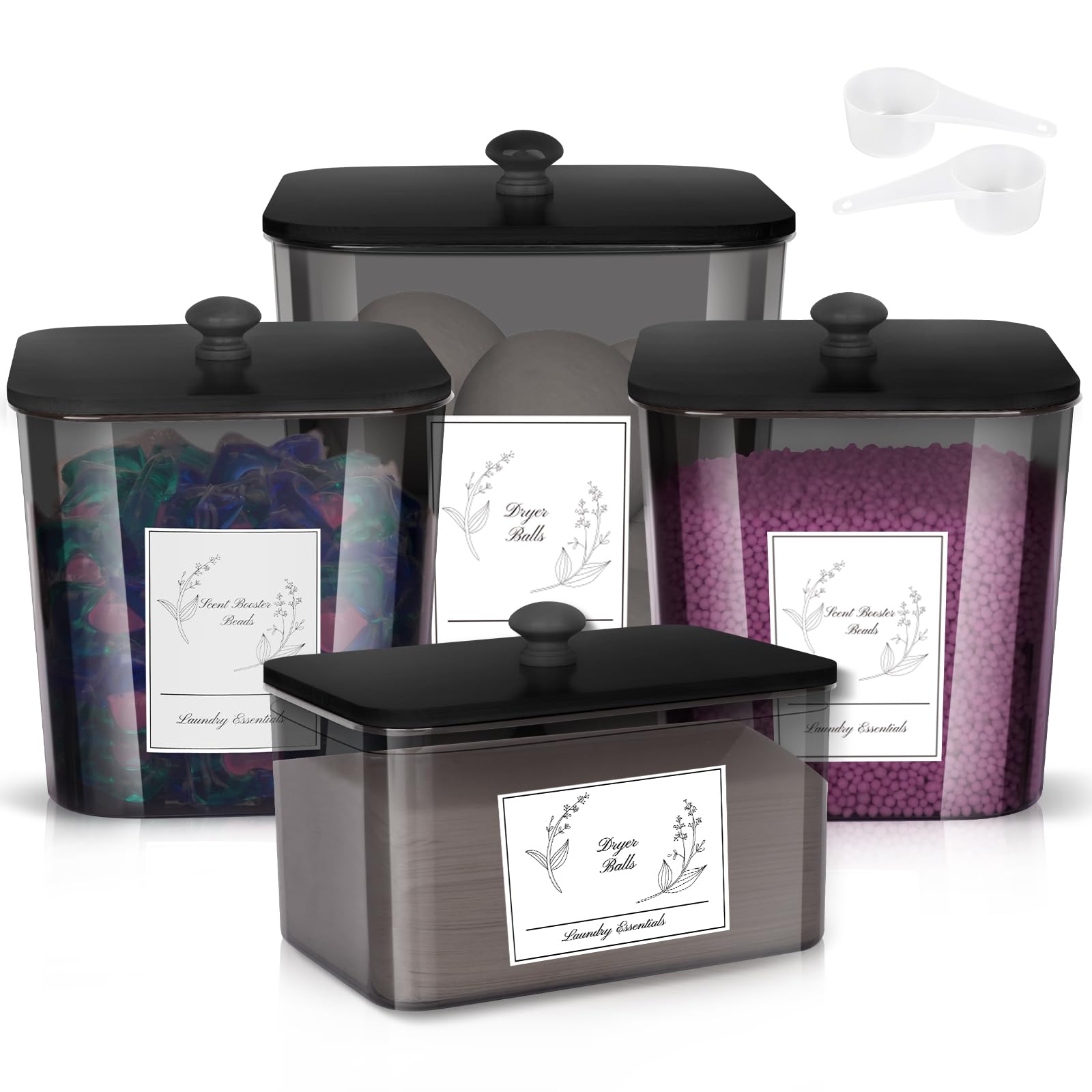 Zingbee 4 Pack Laundry Detergent Containers & Dryer Sheet Holder with Black Lids, Scoops & Labels - Plastic Laundry Organizer an