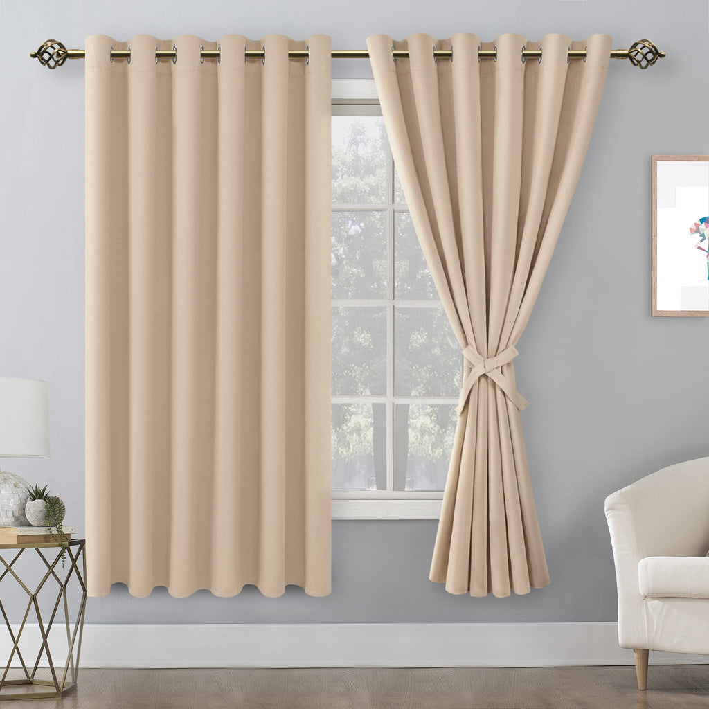 Hiasan Grommet Blackout Curtains For Bedroom, 70 X 63 Inches - Thermal Insulated & Light Blocking Window Drapes For Living Room/Dorm Room, Set Of 2 Panels Sewn With Tiebacks, Beige