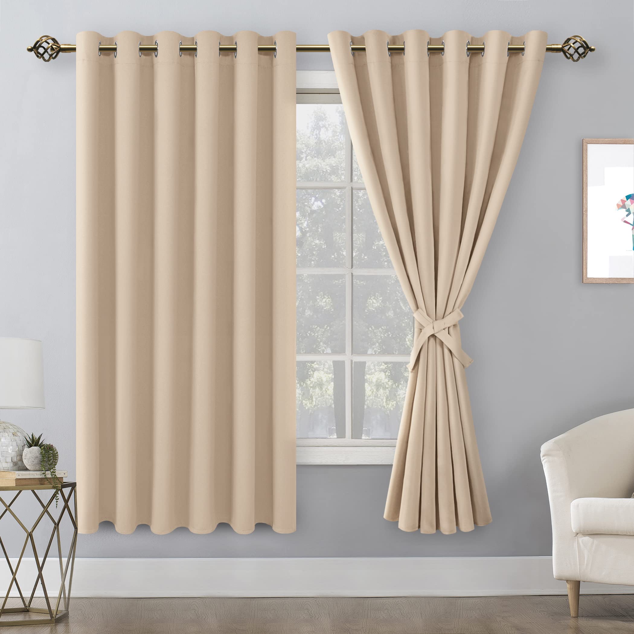 Hiasan Grommet Blackout Curtains For Bedroom, 70 X 63 Inches - Thermal Insulated & Light Blocking Window Drapes For Living Room/Dorm Room, Set Of 2 Panels Sewn With Tiebacks, Beige