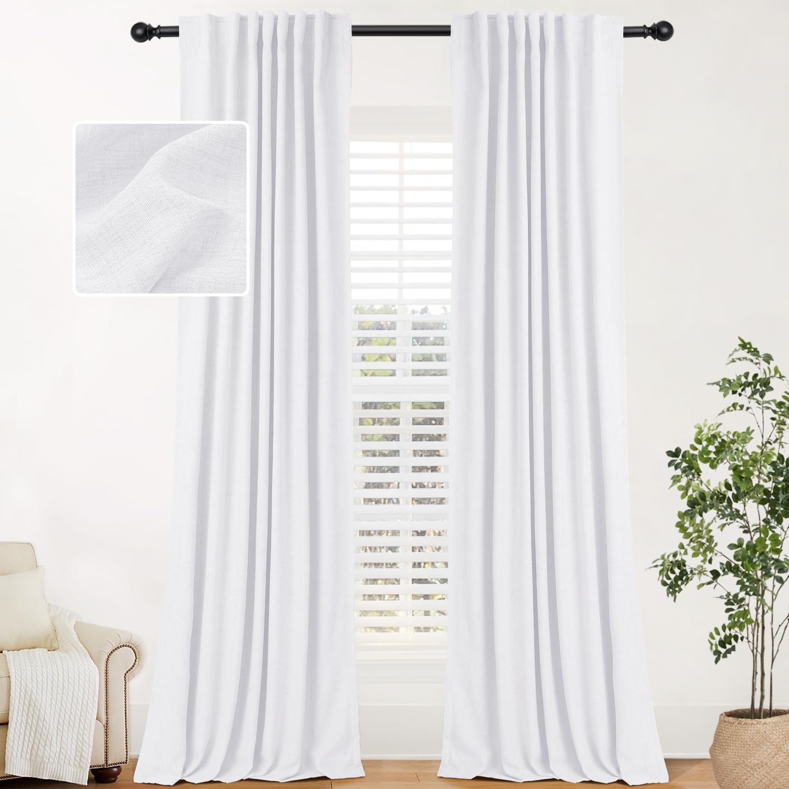 Inovaday 100% White Blackout Curtains 72 Inches Long 2 Panels Set Back Tab/Rod Pocket Linen Blackout Curtains Thermal Insulated