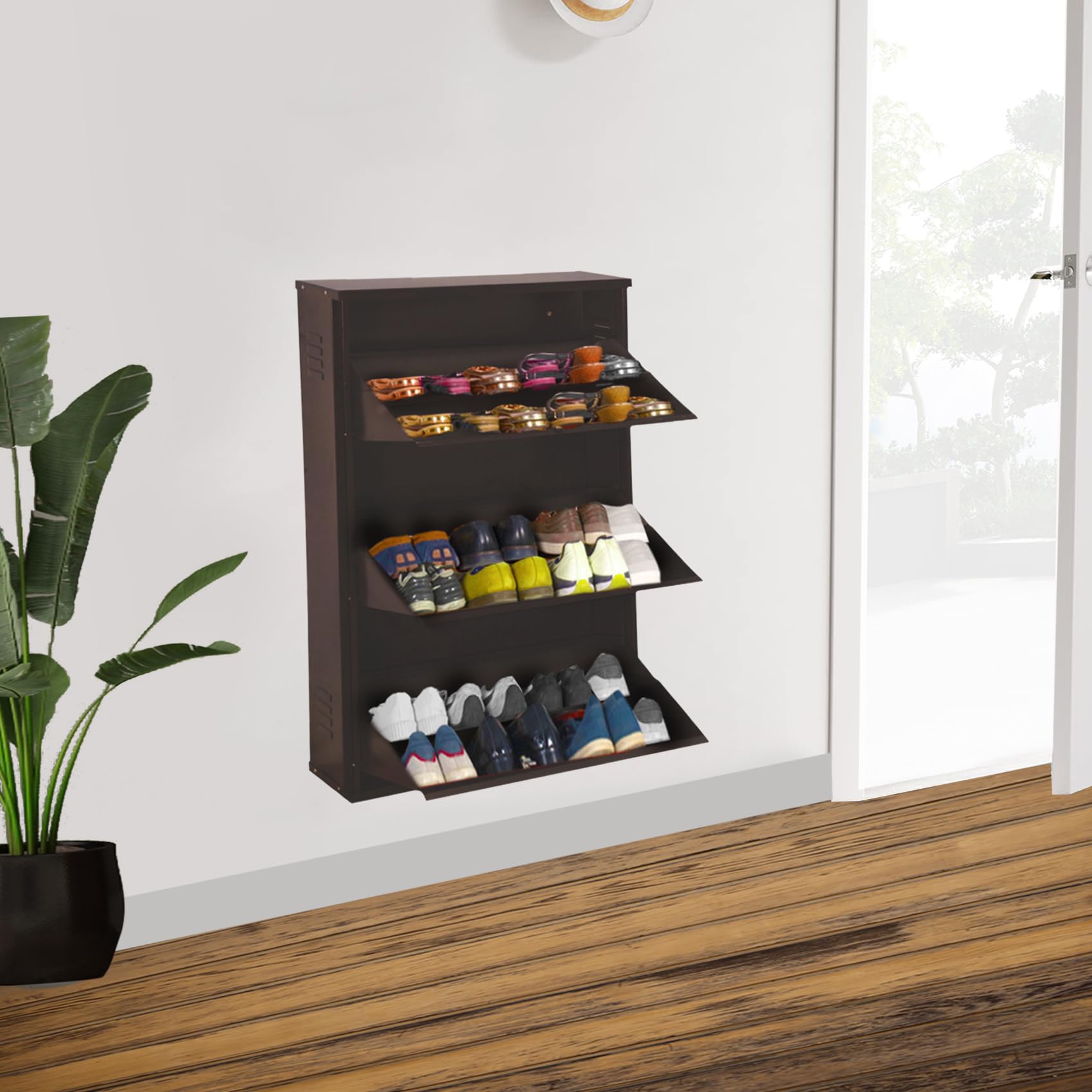 Delite Kom 29 Wide, 6 Shelf Metal Shoe Rack Wall Mounted For Home With Central Lock | Holds Upto 24 Shoes Or 36 Slippers Pair |