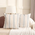 Aels 22X22 Decorative Farmhouse Linen Throw Pillow Covers, Boho Textured Pillow Case, Set Of 2, Beige With White & Navy Blue Sti