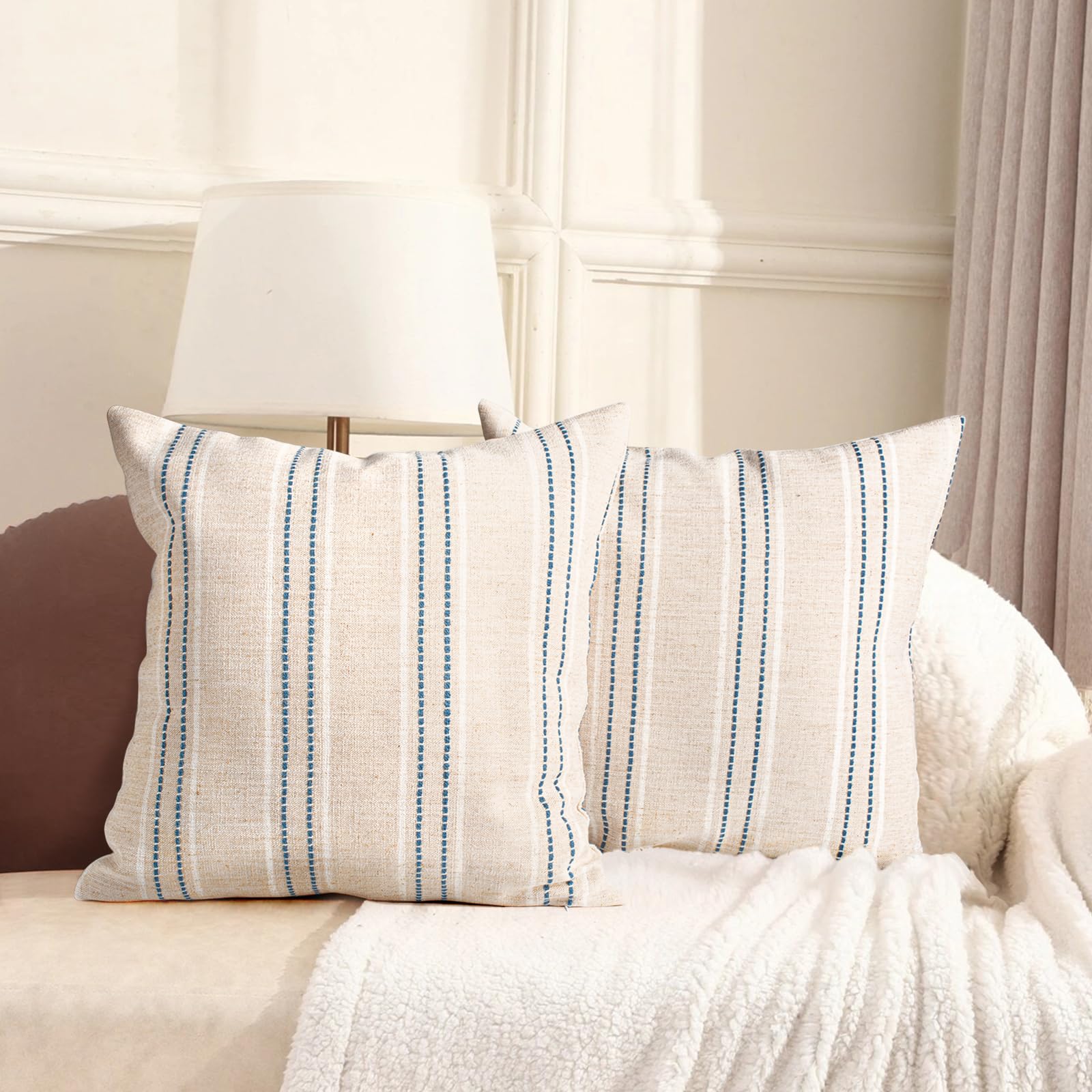 Aels 22X22 Decorative Farmhouse Linen Throw Pillow Covers, Boho Textured Pillow Case, Set Of 2, Beige With White & Navy Blue Sti