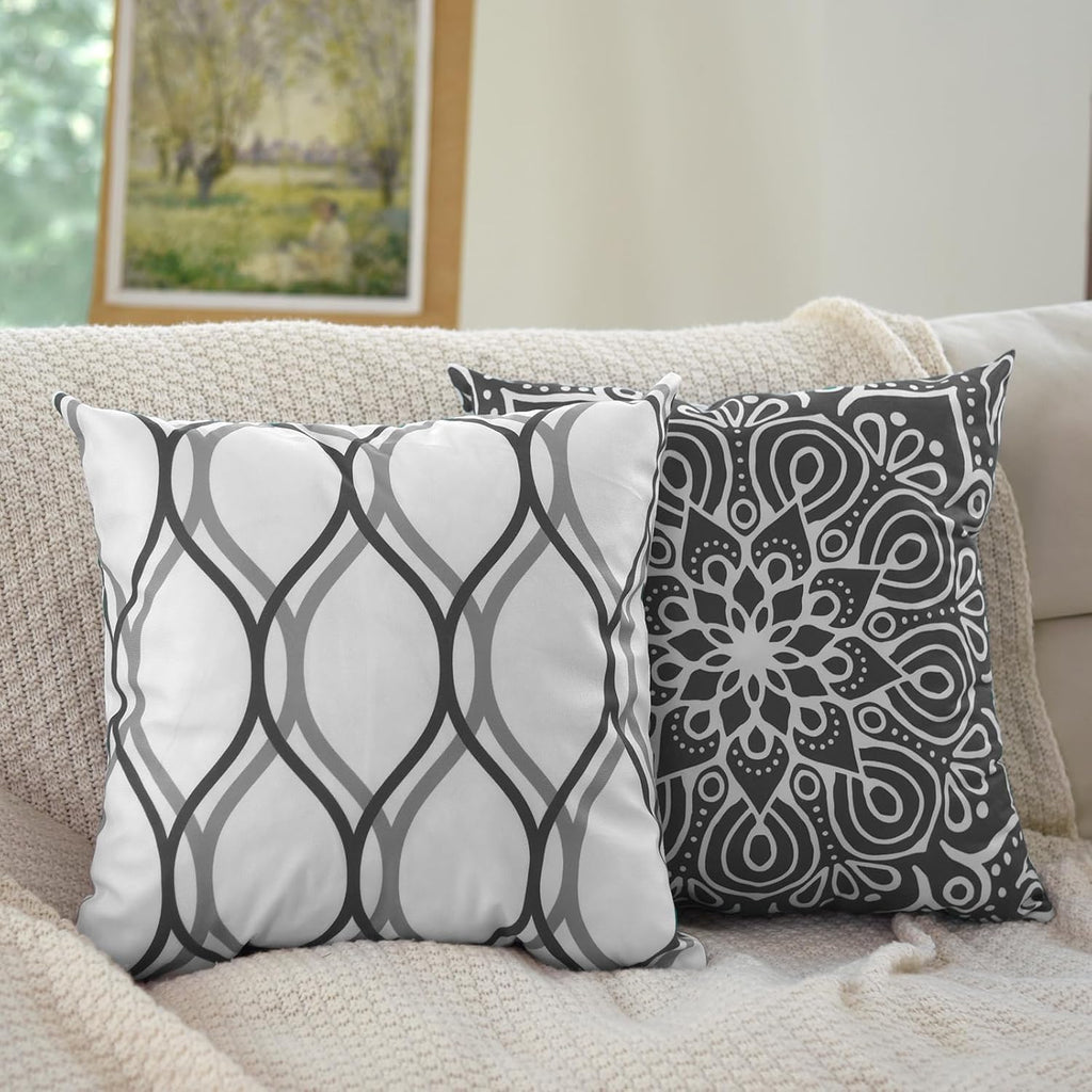 Decorative Throw Pillow Covers 16X16 Set Of 4, Dark Grey And White Modern Simple Square Pillow Case Cushion Cover For Sofa Couch
