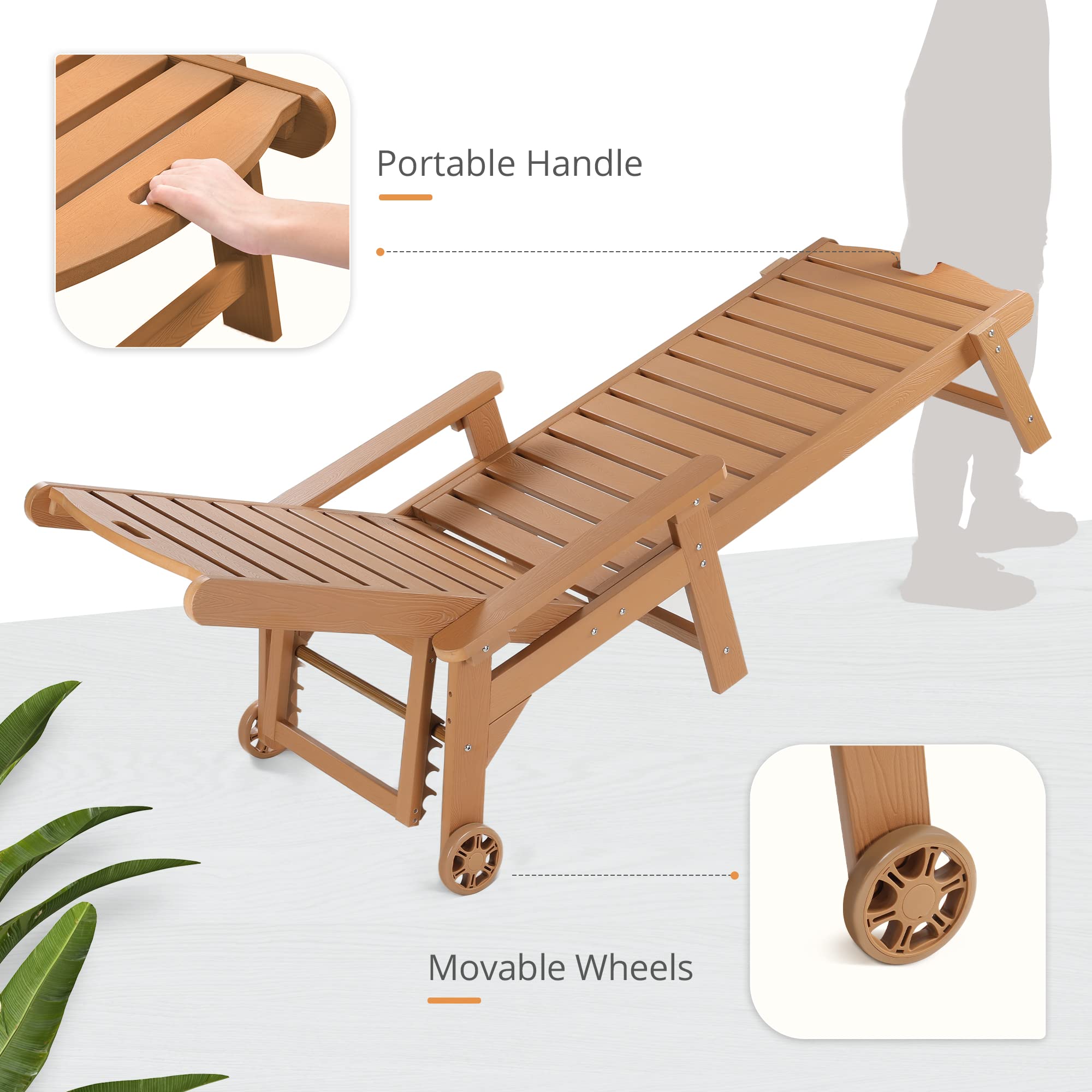 Lue Bona Chaise Lounge Chairs Set With Table, 3-Piece, 79'' Oversized Hdps Chaise Lounger, 5 Positions Adjustable Lounge Chairs, Pool Lounge Chair With Wheels For Poolside, 3 Year Warranty, Teak Color