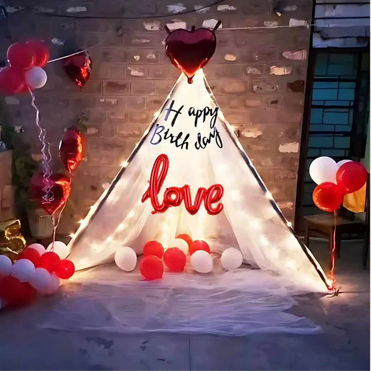 Celebration Nest 30 Pcs Birthday Decoration Combo Set Happy Birthday Banner Red Heart Balloons Canopy Net LED Lights Balloons fo