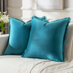 FUTEI Teal Boho Throw Pillow Covers with Tassels 18x18 Inch Set of 2,Soft Velvet Decorative Cushion Case,Home Decor for Couch Be