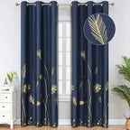 Estelar Textiler Navy Blue Blackout Curtains 84 Inches Length Window Thermal Insulated Curtain Panels With Gold Leaf Wheat Print