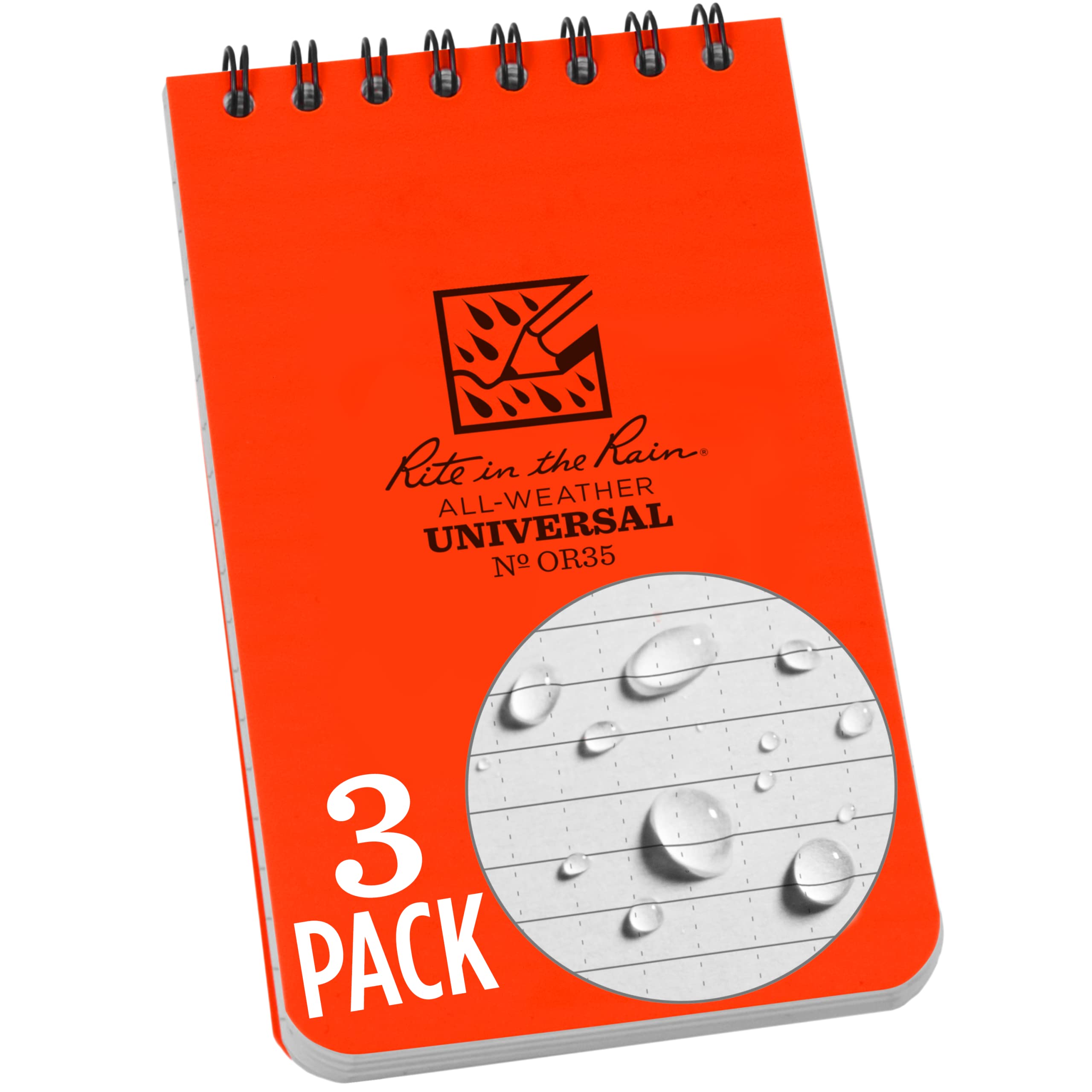 Rite In The Rain Weatherproof Top Spiral Notebook, 3' X 5', Orange Cover, Universal Pattern, 3 Pack (No. Or35-3)