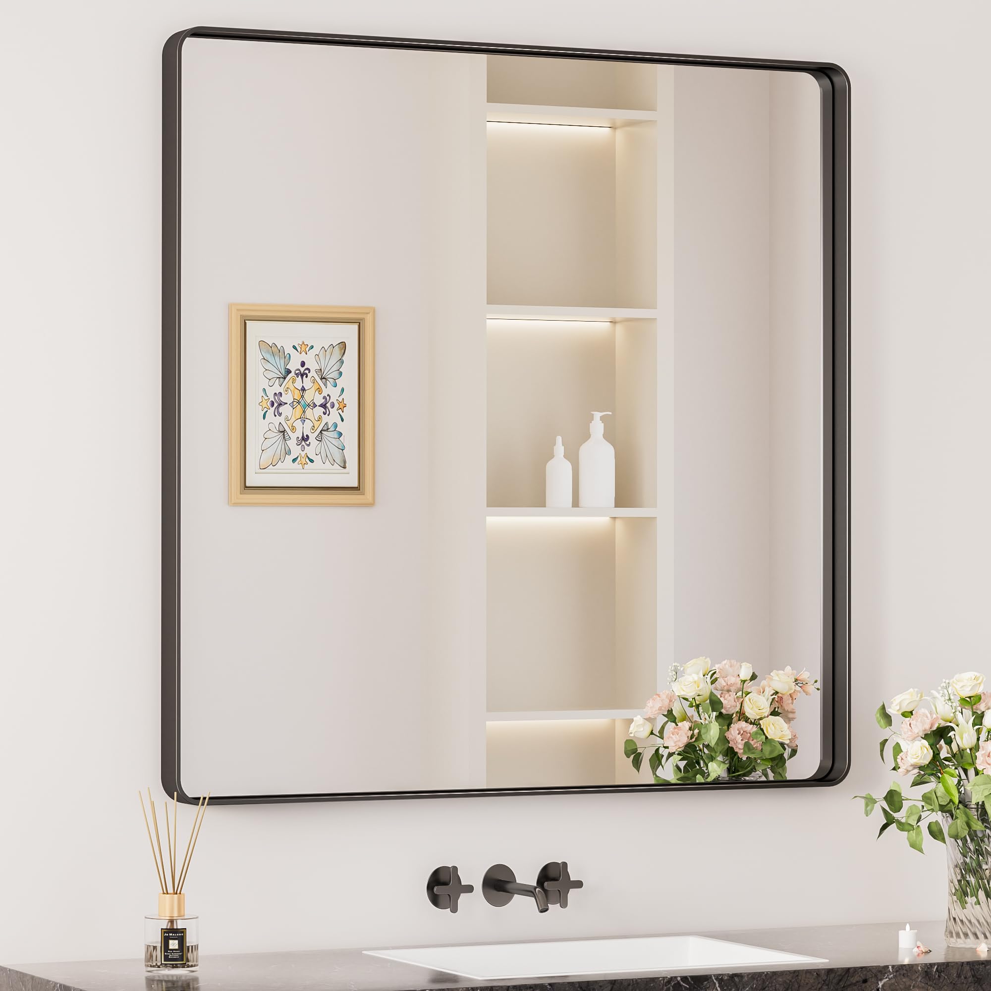 Keonjinn Black Bathroom Mirrors for Over Sink, 36 x 36 Inch Large Square Mirrors for Wall, Rounded Rectangle Matte Black Farmhou