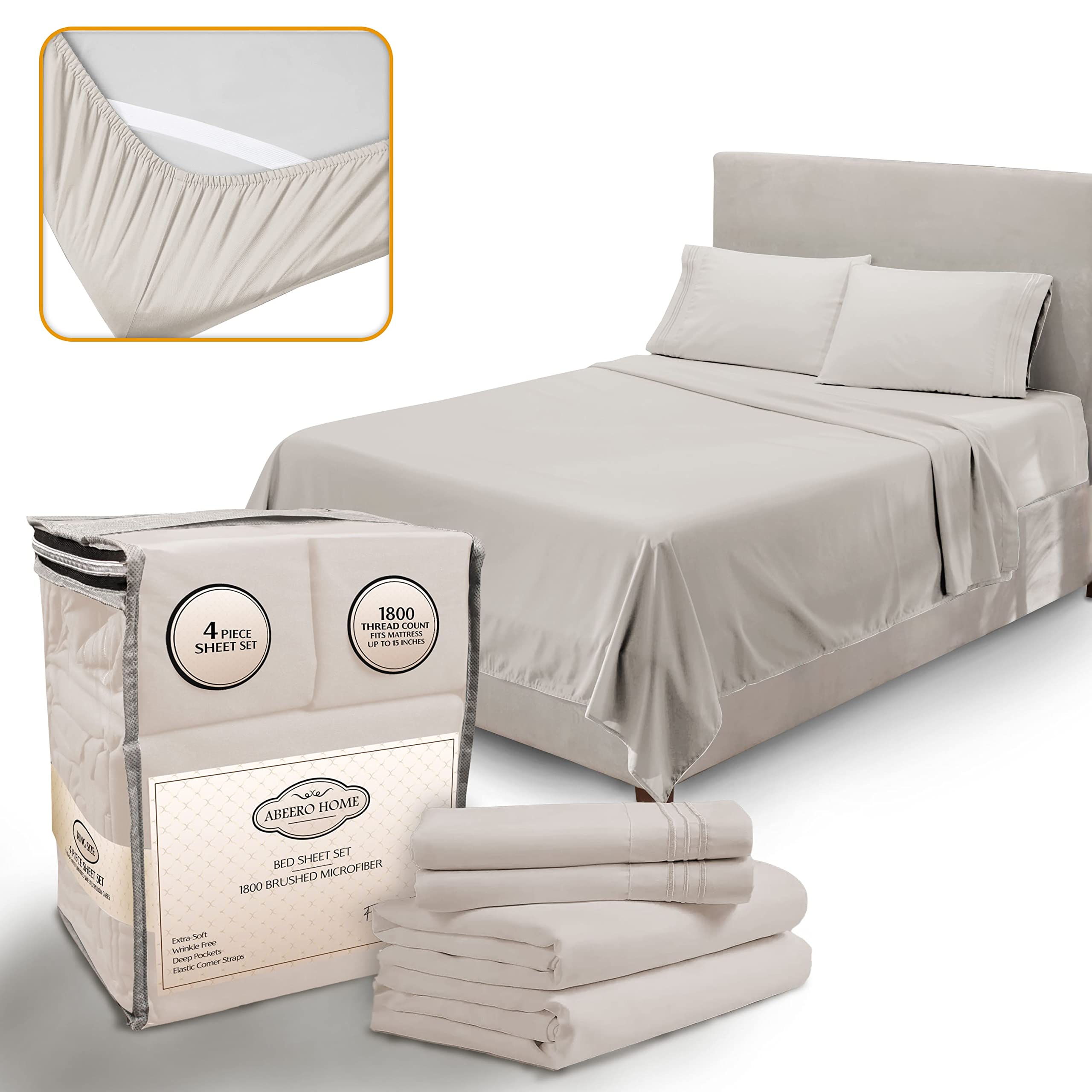 Abeero Home California King Sheet Sets - Luxury Hotel Bed Sheets - Soft Cooling Sheets with Elastic Corner Straps - Deep Pocket 